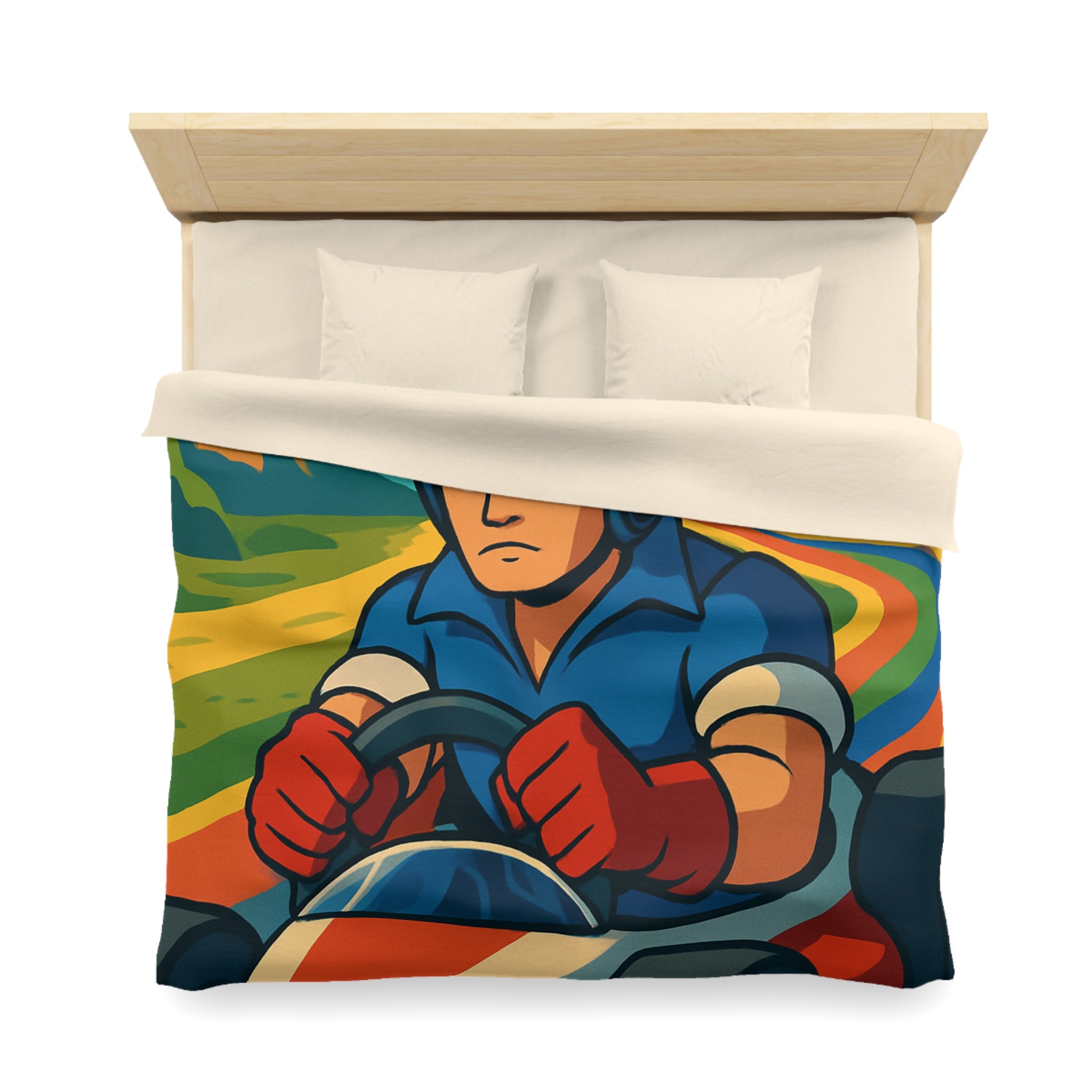 Housse de couette rétro colorée avec pilote de karting sous un arc-en-ciel vibrant