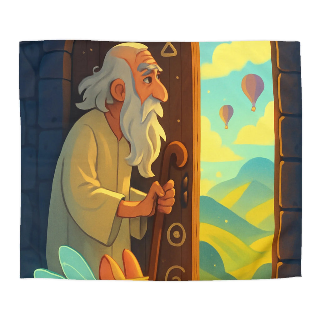 Housse de Couette Fantastique avec Ancien Sage et Paysage Magique Étoilé Soufflant