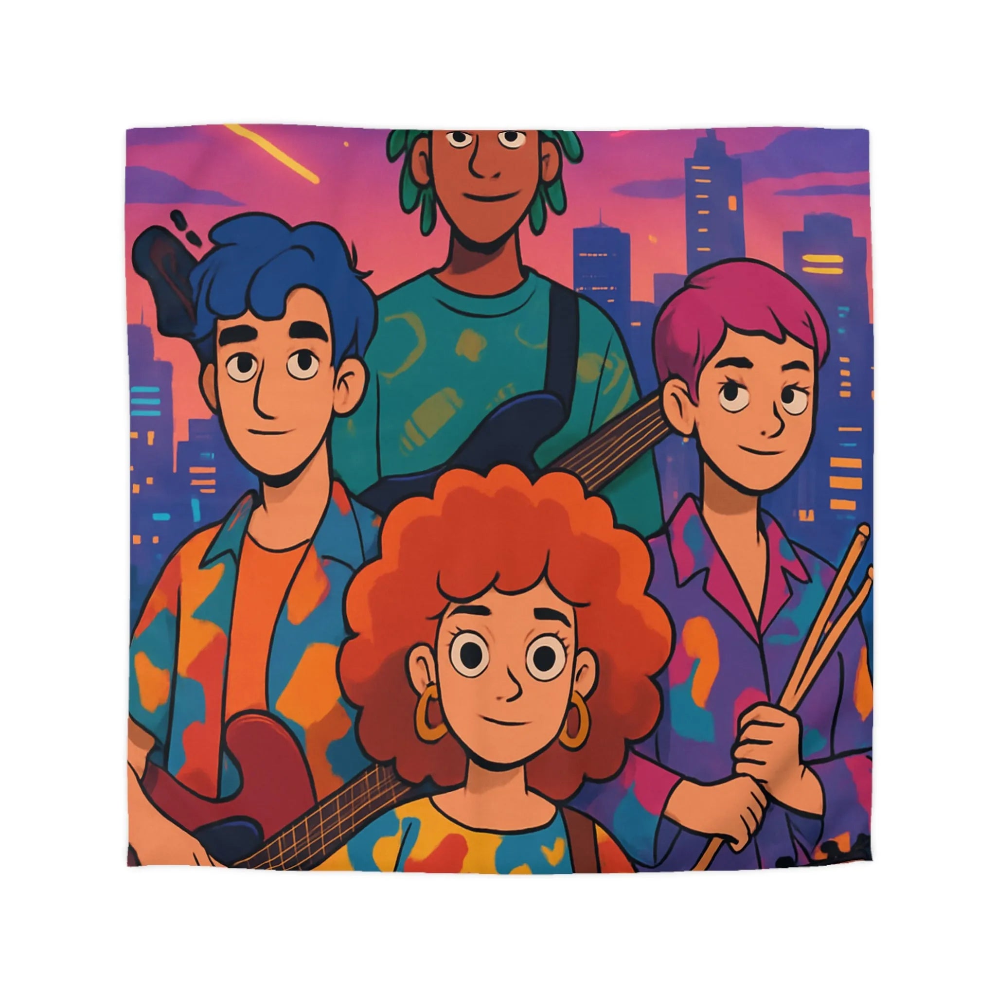 Housse de couette colorée avec groupe de musiciens devant un paysage urbain nocturne