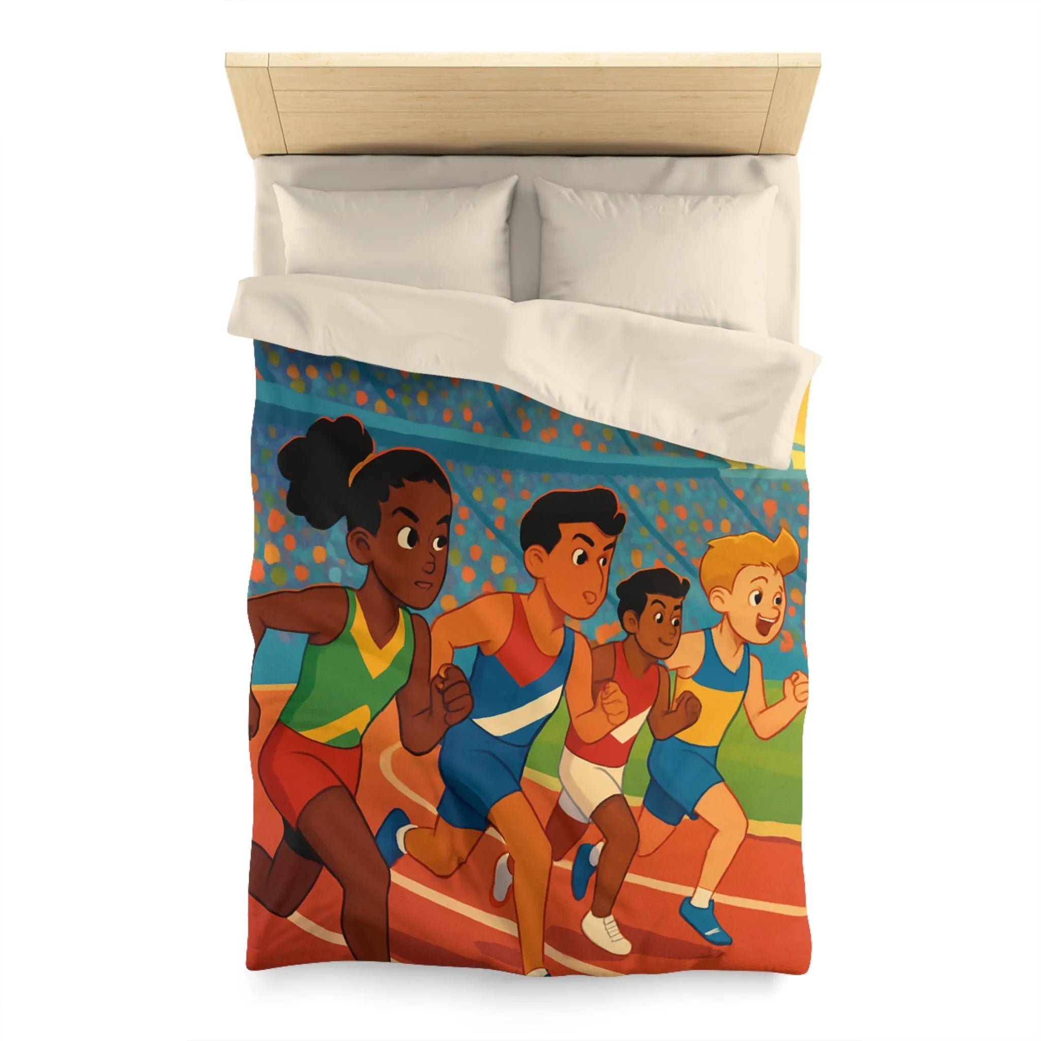 Housse de couette illustrée course d’athlétisme enfants vibrant soleil dynamique