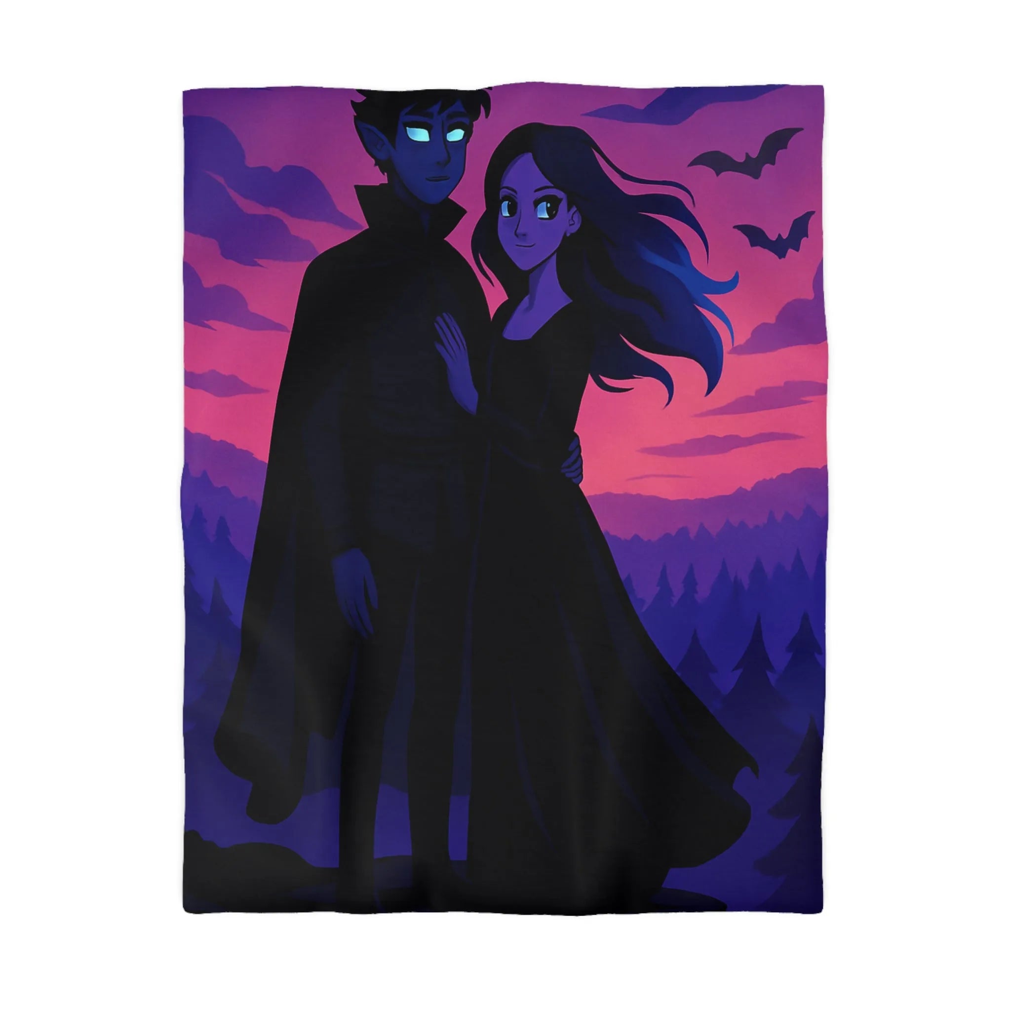 Housse de couette élégante avec couple mystique sous ciel vibrant au crépuscule