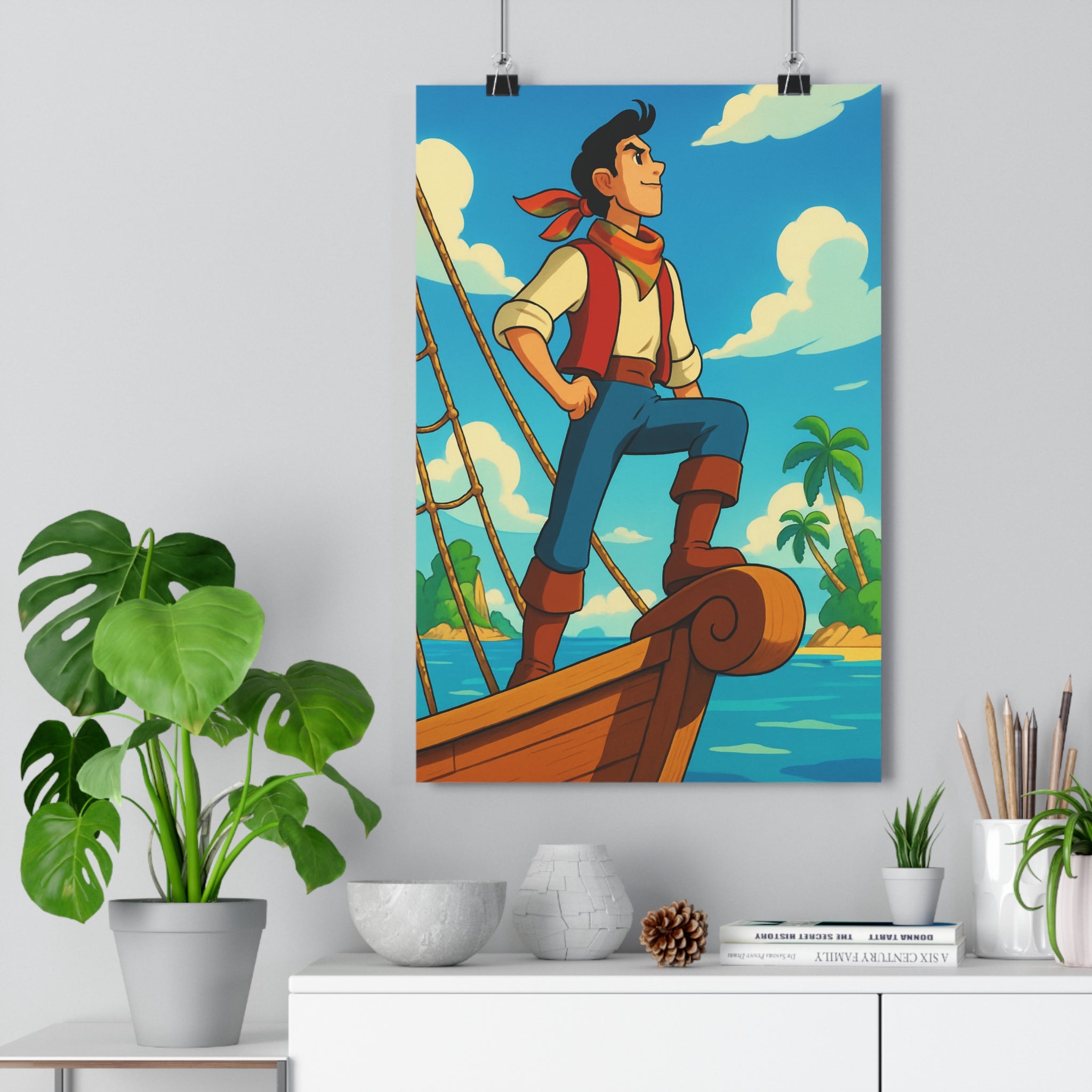 Poster décoratif aventure coloré cartoon vibrant horizon îles bleu chambre bureau exploration homme bateau