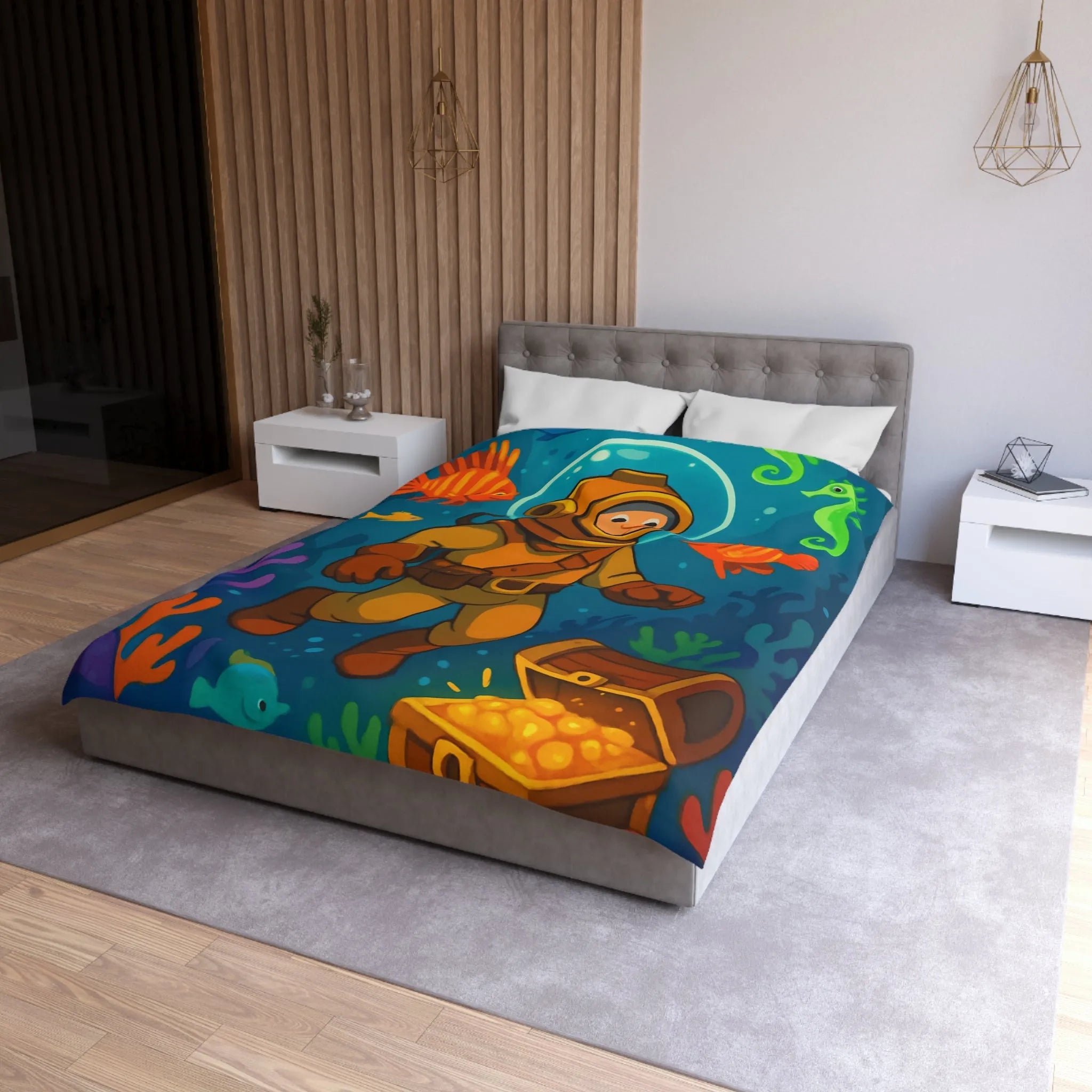 Housse de couette enfant aventure sous-marine avec plongeur et trésor coloré en dessin animé