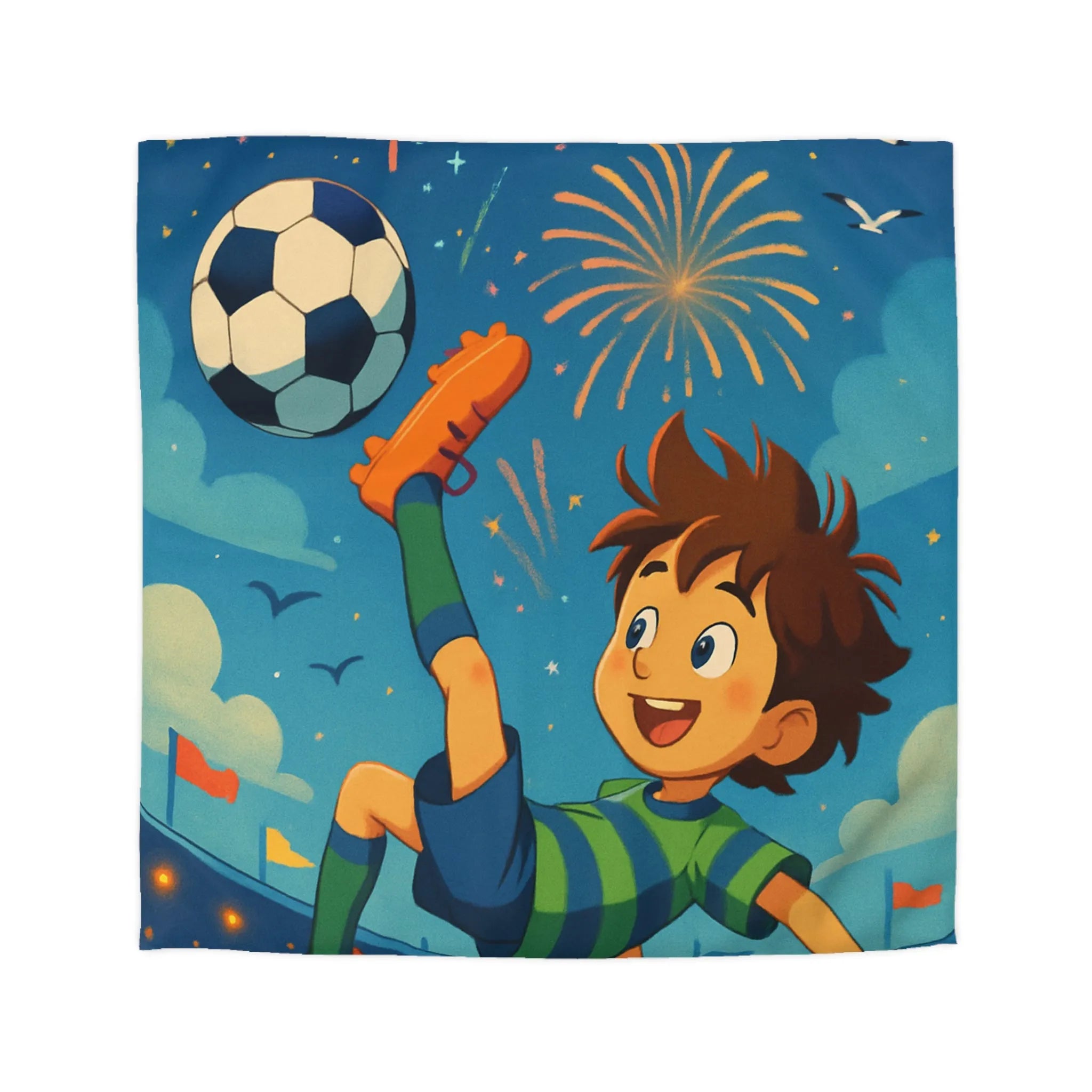 Housse de Couette Enfant Festive avec Football et Feux d'Artifice Multicolores Animés