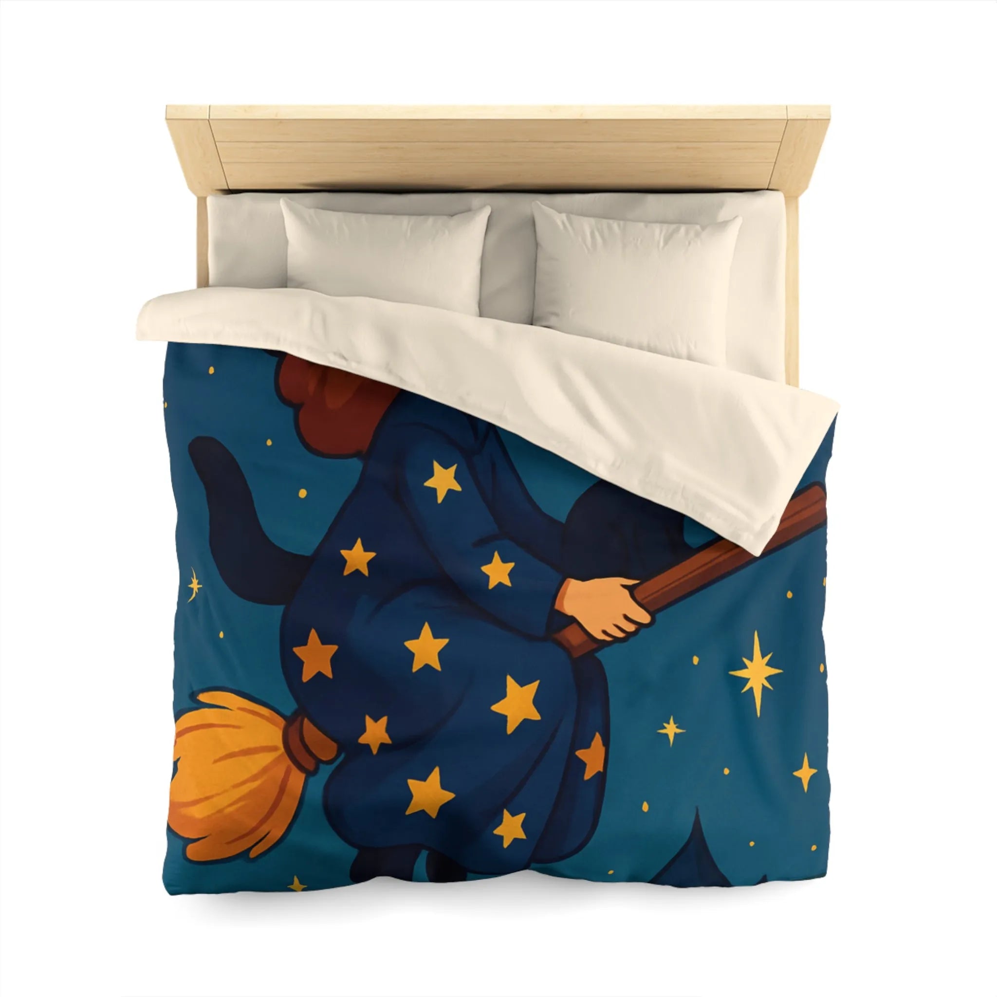 Housse de Couette Enfant Fantaisie Sorcière et Chat Noir sur Balai Nocturne