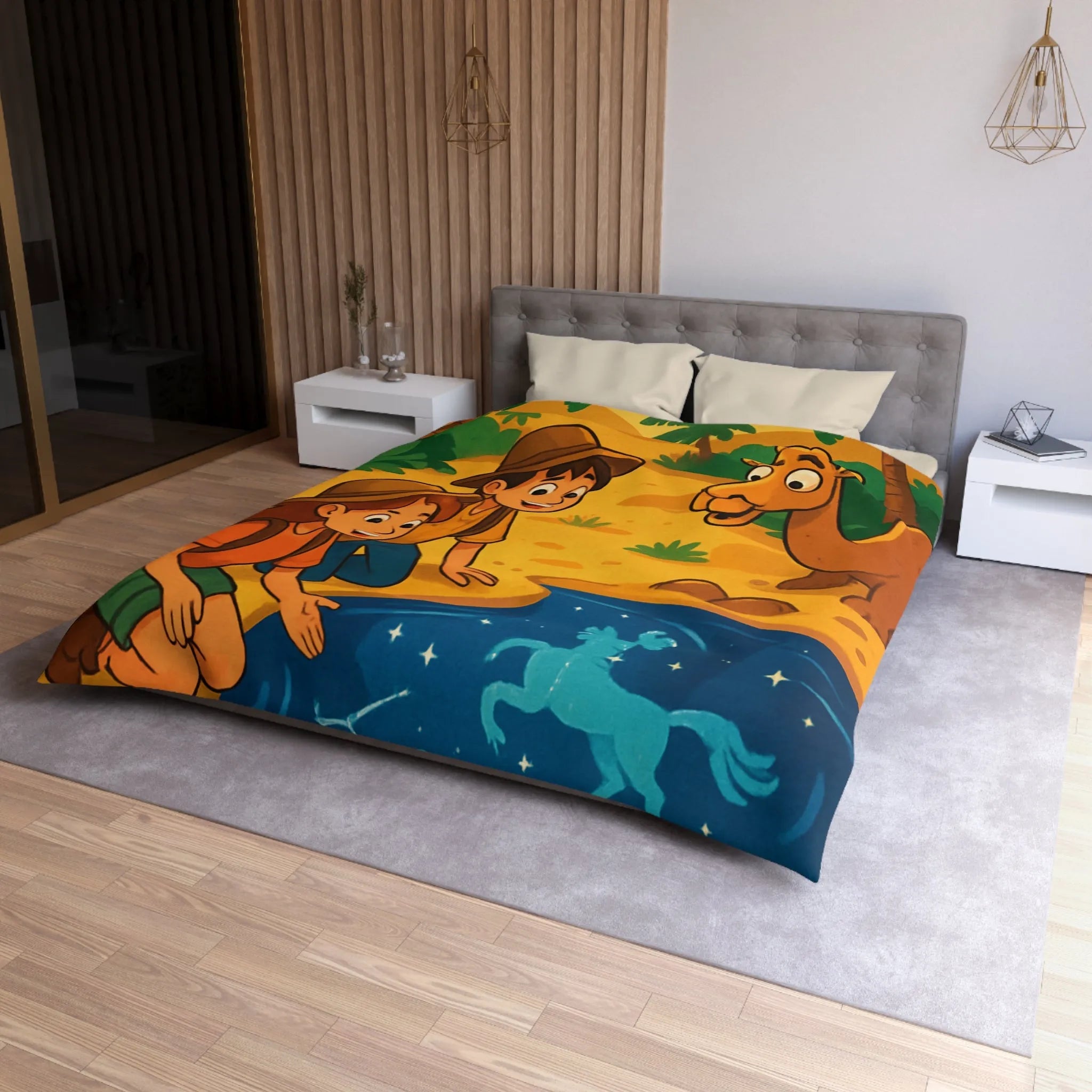 Housse de couette désert exotique enfants étoiles, animaux et aventuriers explorant oasis magique