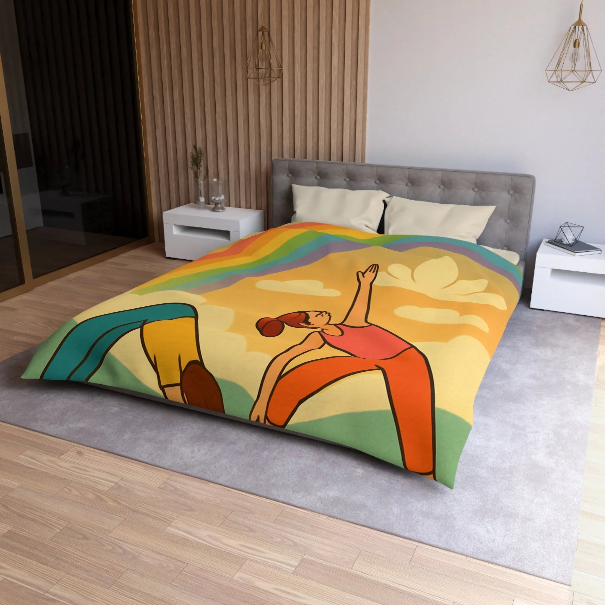 Housse De Couette Enfant Avec Arc-en-Ciel Coloré Et Personnages Pratiquant Le Yoga Énergique