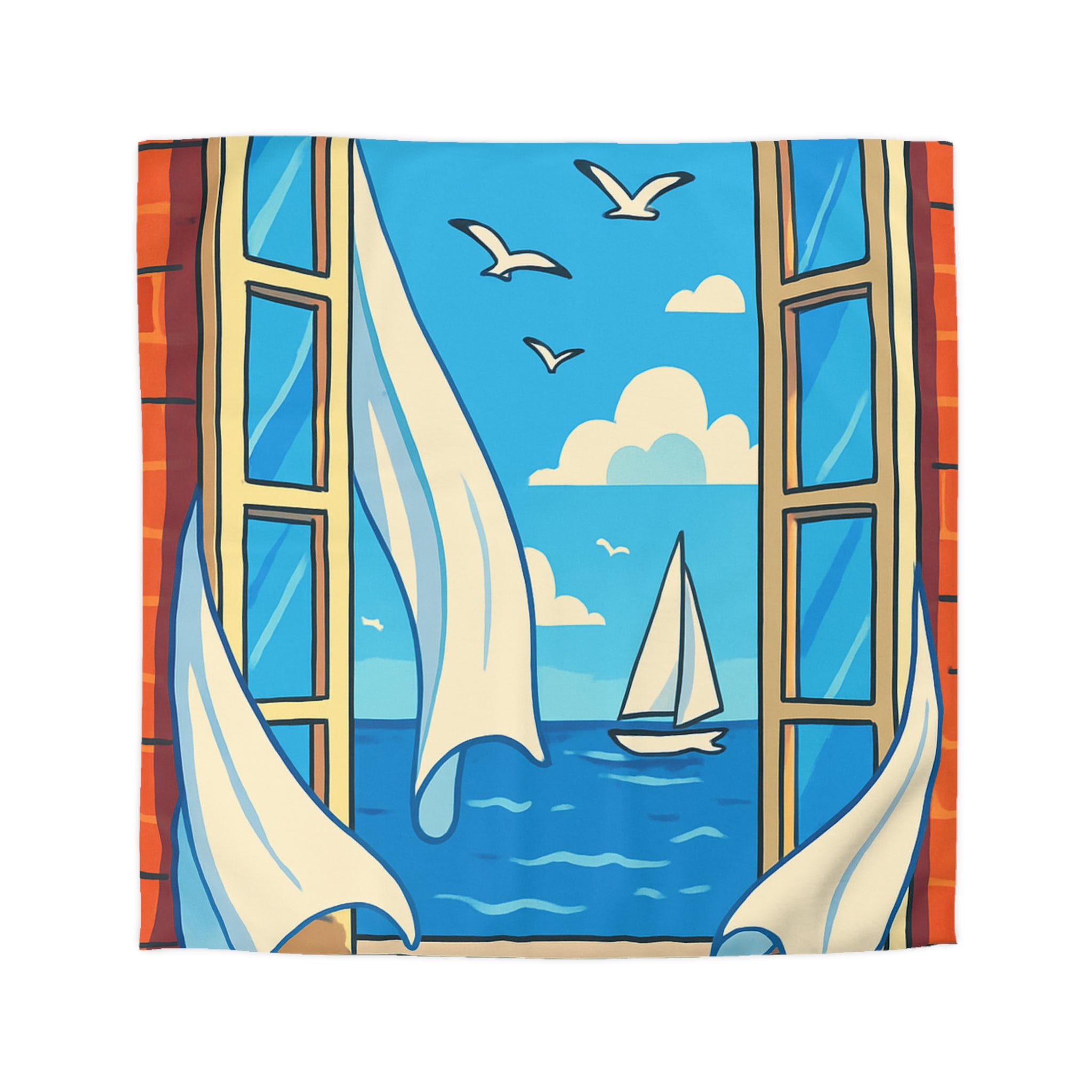 Housse de couette paysage marin fenêtre ouverte, voilier et ciel bleu serein