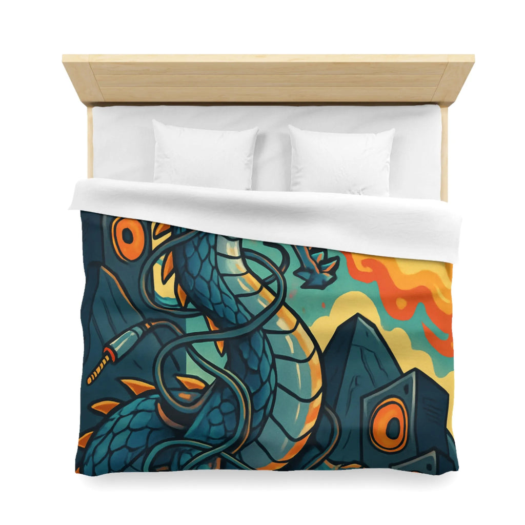 Housse de couette avec dragon fantaisie émettant flammes et musique vibrante rétro