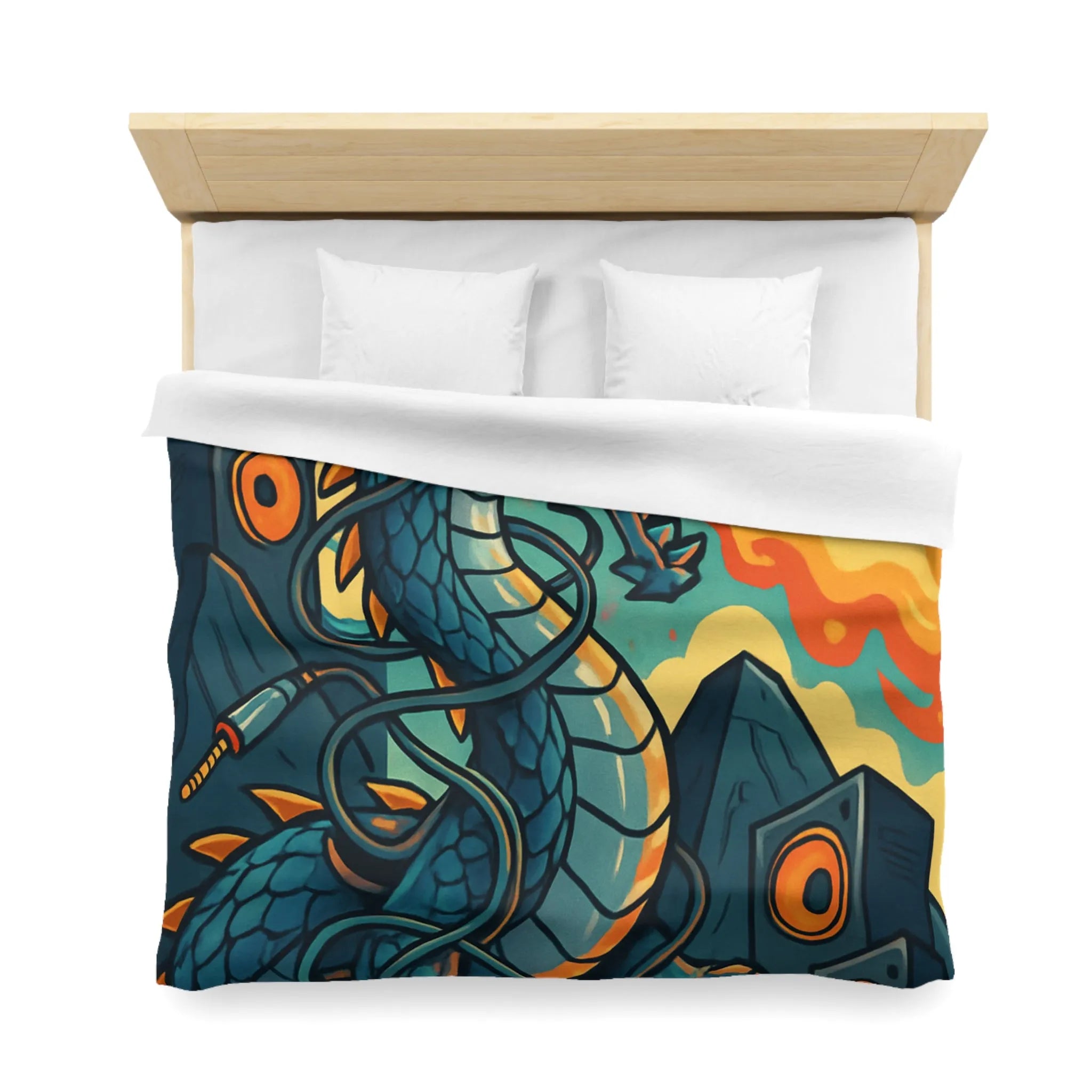 Housse de couette avec dragon fantaisie émettant flammes et musique vibrante rétro
