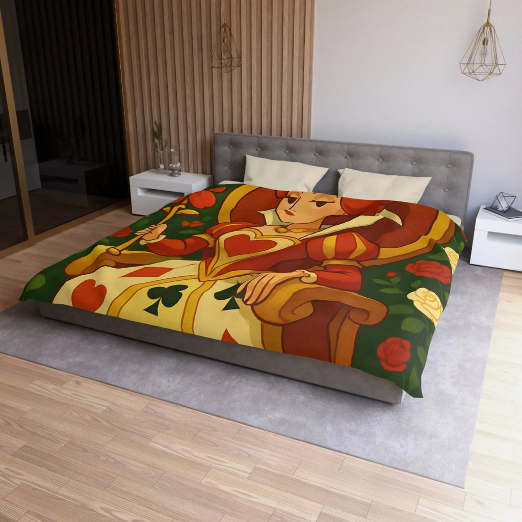 Élégante et royale housse de couette reine avec motifs coeurs détails rouge vibrant