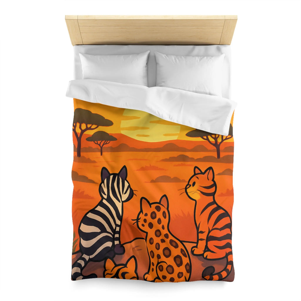 Housse de Couette avec Chats Sauvages Observant le Coucher de Soleil en Savane Africaine