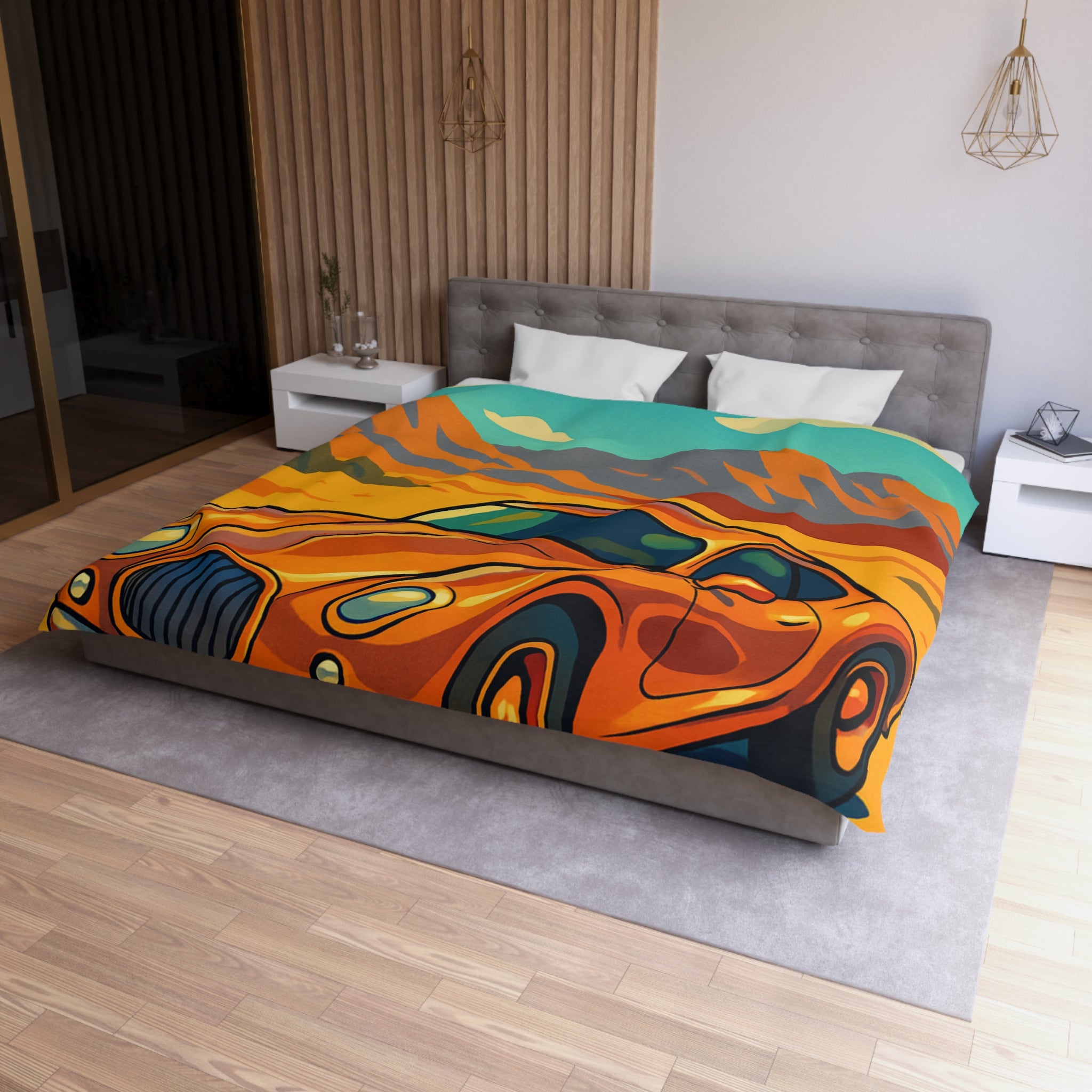 Housse de couette style rétro avec voiture orange désert paisible montagnes lointaines