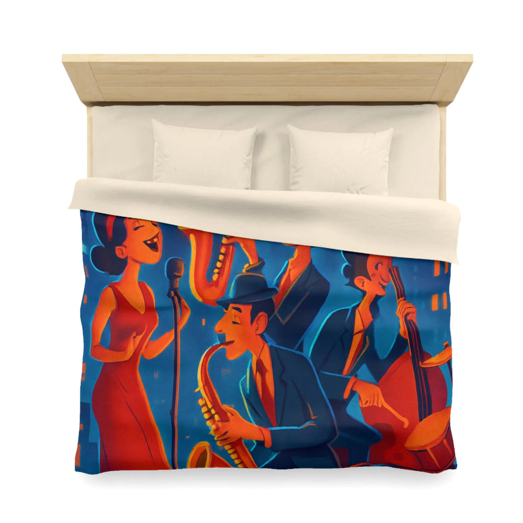 Housse de couette jazz rétro avec chanteuse et musiciens devant gratte-ciels éclairés