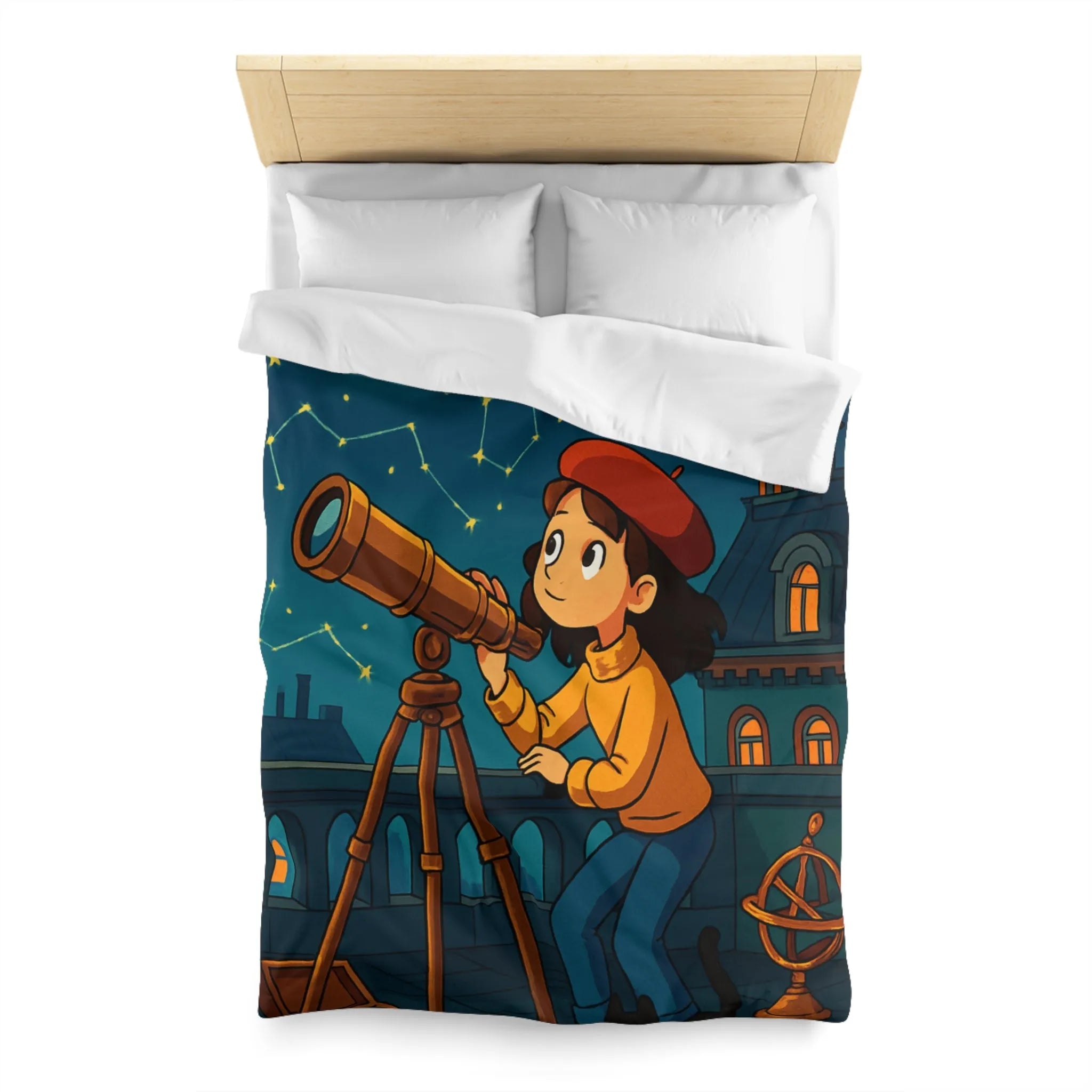 Housse de Couette Enfant Astronome avec Télescope, Ciel Étoilé Magique et Constellations