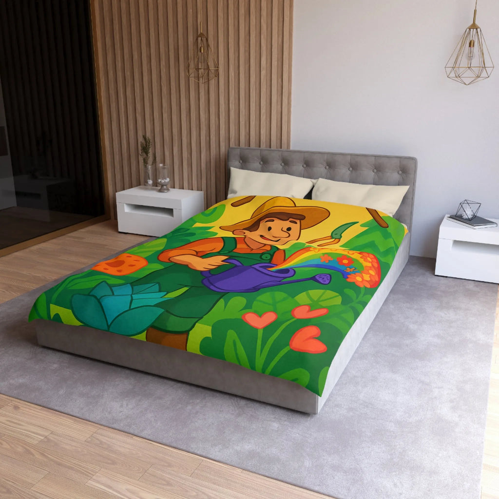 Housse de Couette Colorée avec Dessin Jardinier Arrosant des Fleurs et Arc-en-Ciel