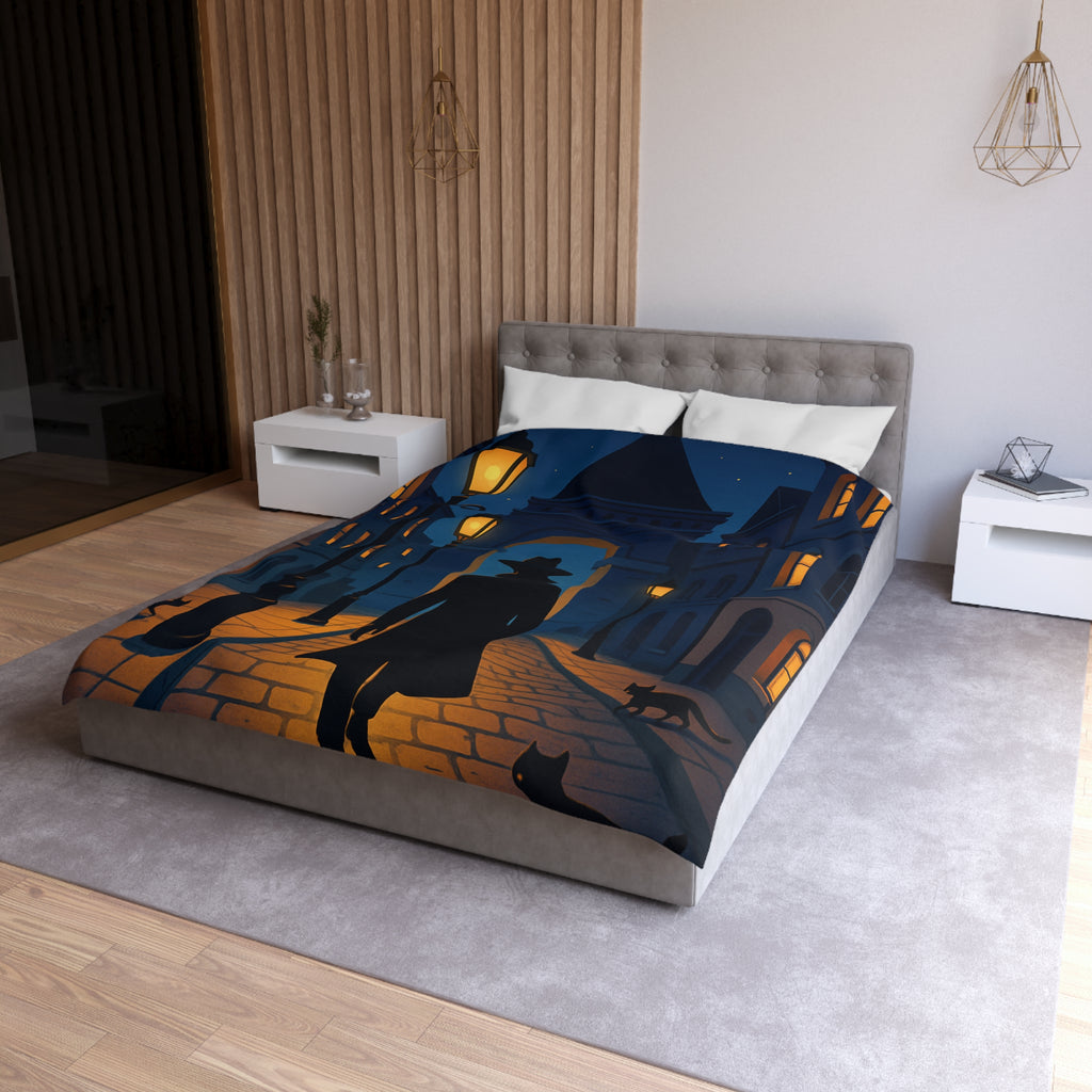 Housse de couette noire mystérieuse, silhouette d'homme avec chats et lampadaires nocturnes