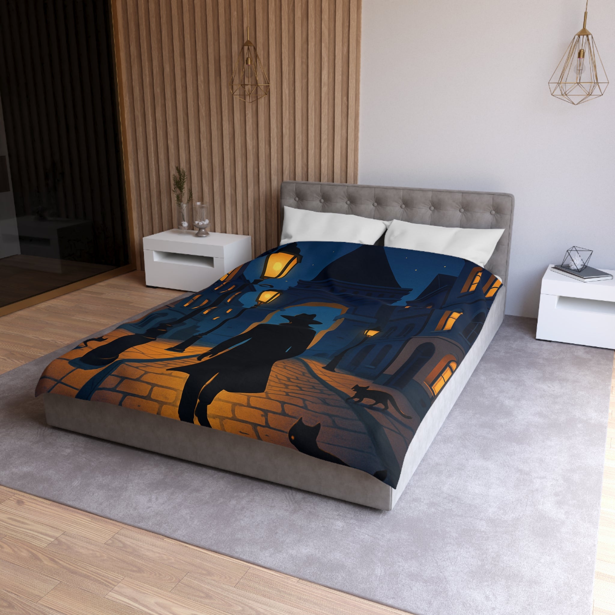 Housse de couette noire mystérieuse, silhouette d'homme avec chats et lampadaires nocturnes