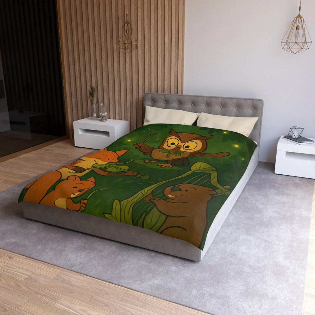 Housse de Couette Douce Forêt Animaux Musiciens Nuit Magique Enfants Nature Verte