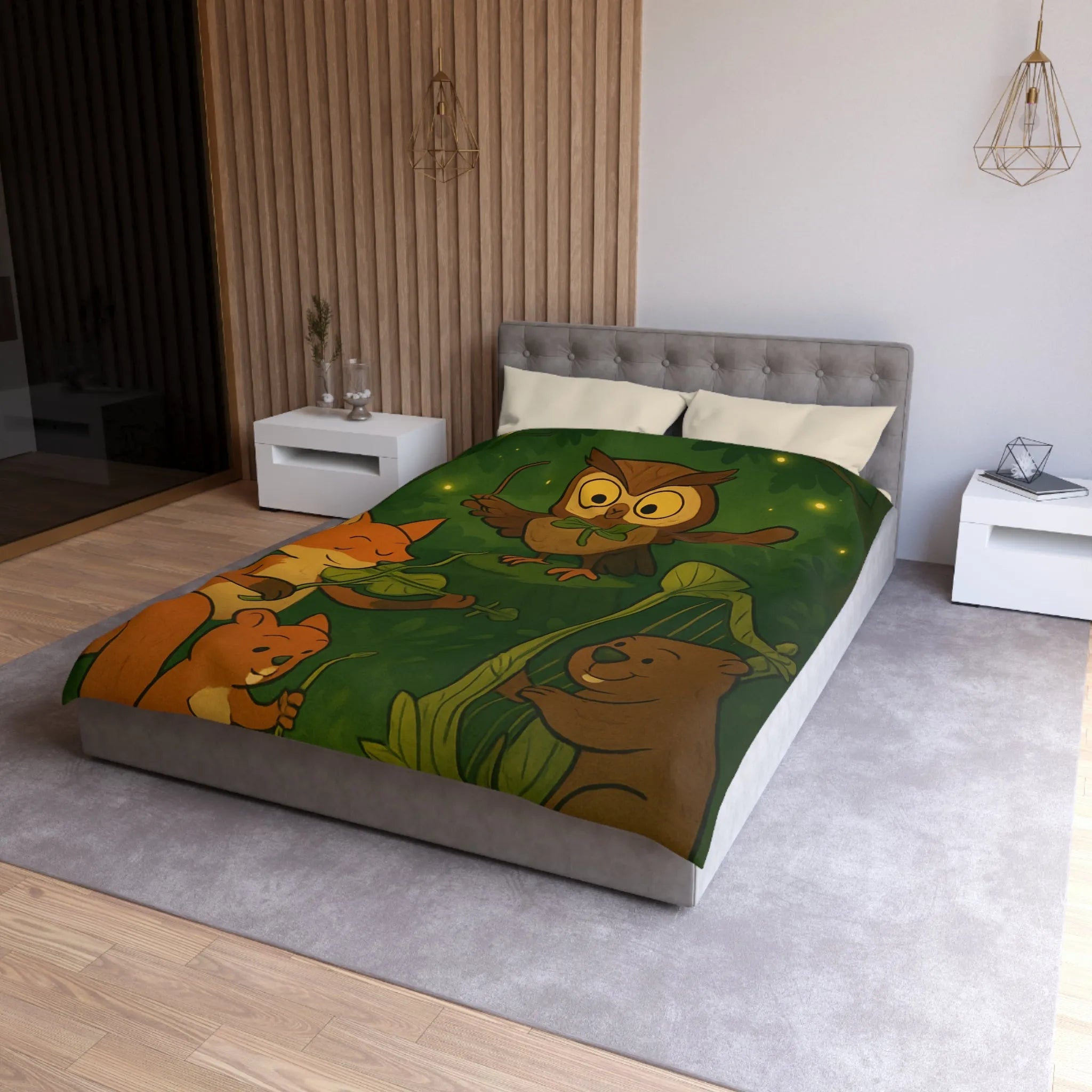 Housse de Couette Douce Forêt Animaux Musiciens Nuit Magique Enfants Nature Verte