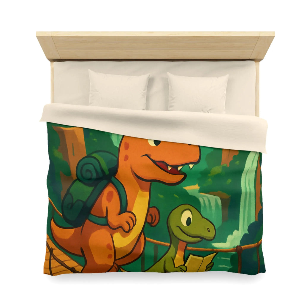 Housse de couette avec dinosaures explorateurs sur pont suspendu dans jungle luxuriante