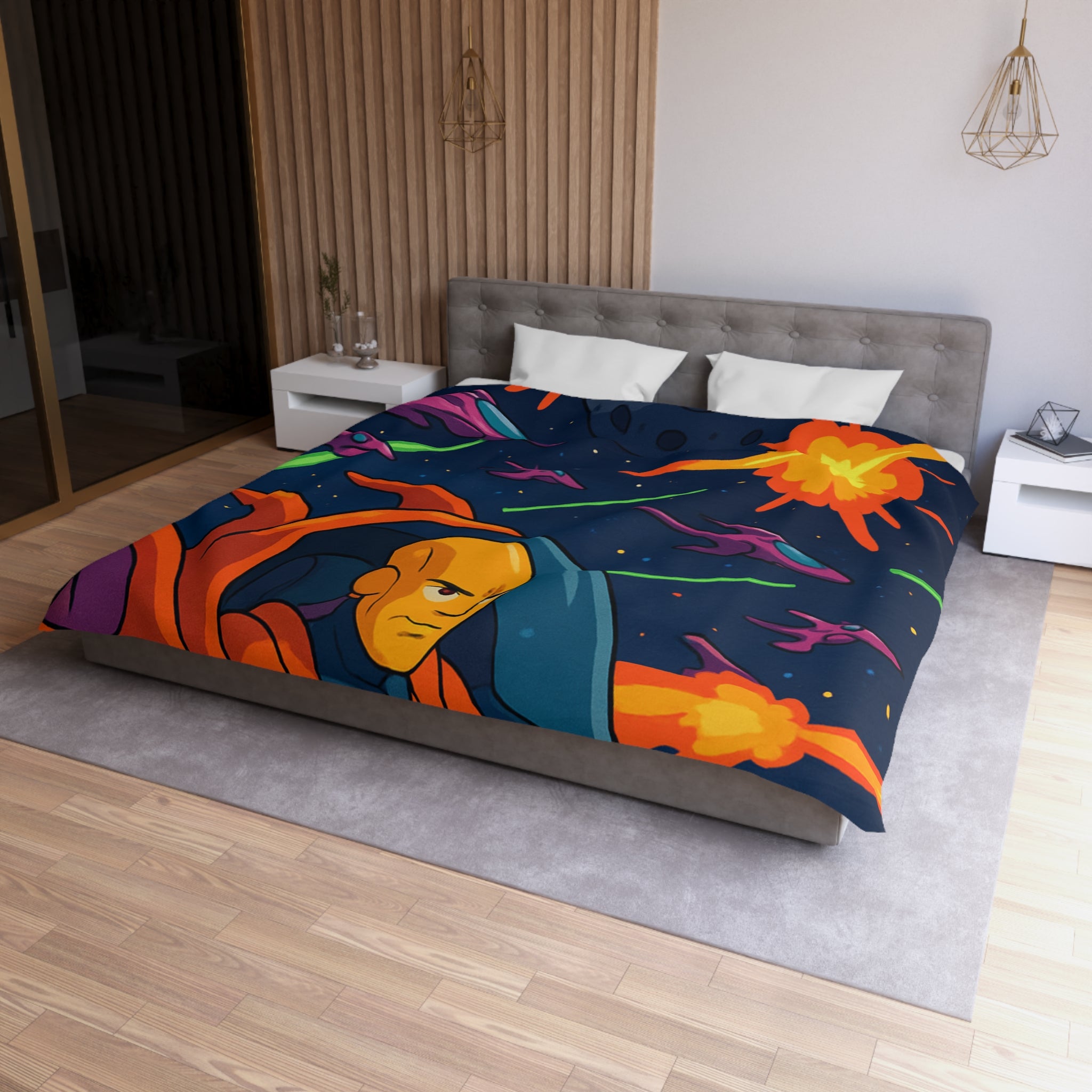 Housse de couette style rétro avec vaisseaux spatiaux et astéroïdes en explosion