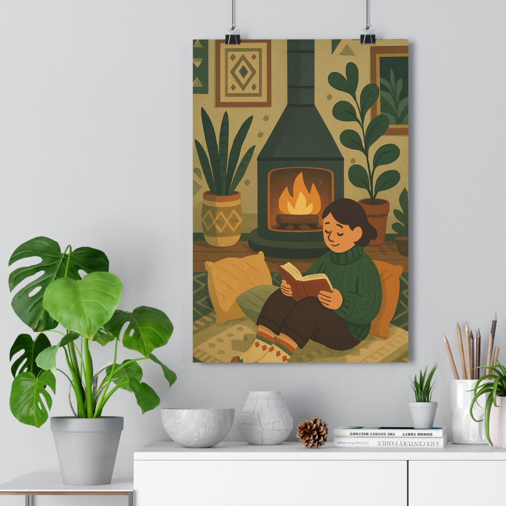 Poster décoratif scandinave vert beige brun cosy salon chambre dessin animé chaleureux apaisant élégant