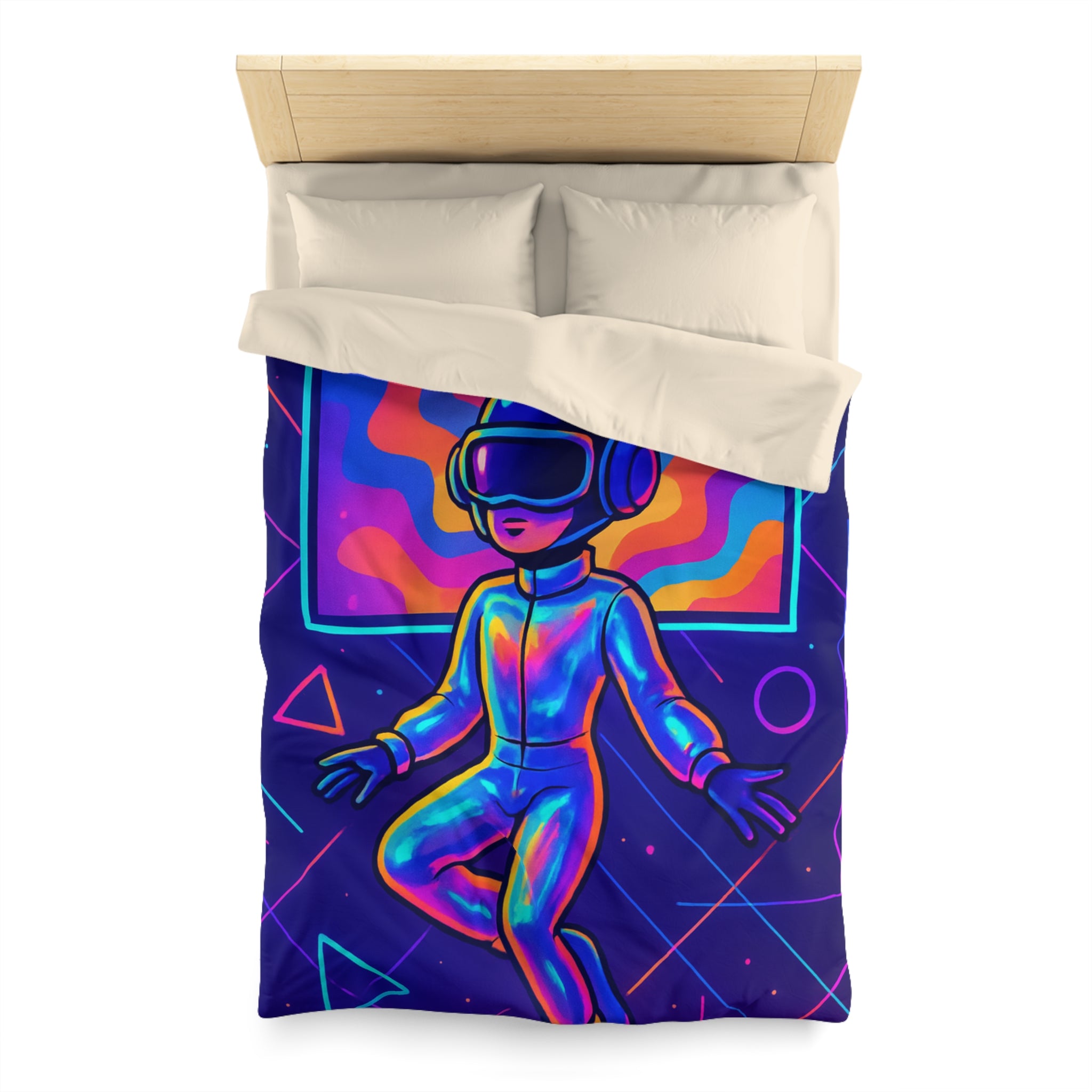 Housse de Couette Surréaliste avec Cosmonautes et Vagues Multicolores en Arrière-Plan