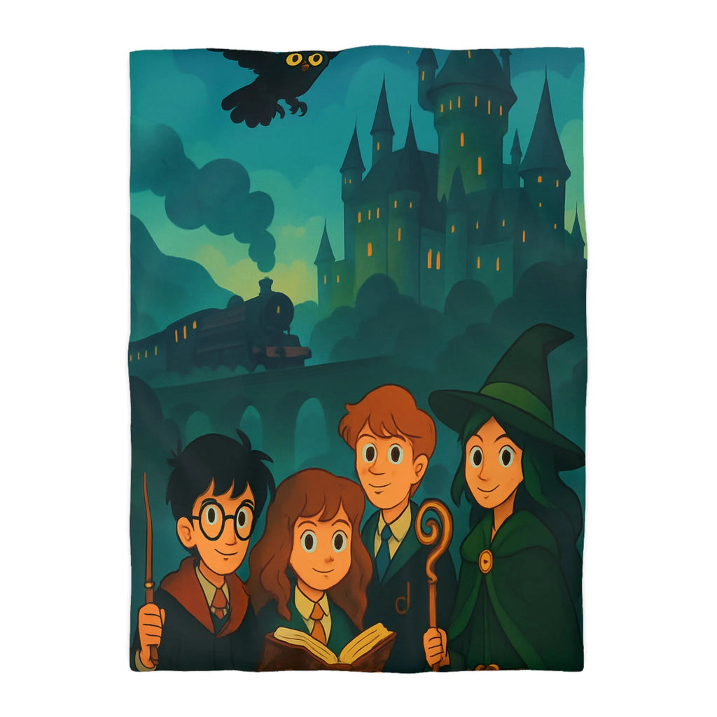 Housse de couette magique avec château et étudiants en sorcellerie dans une forêt enchantée