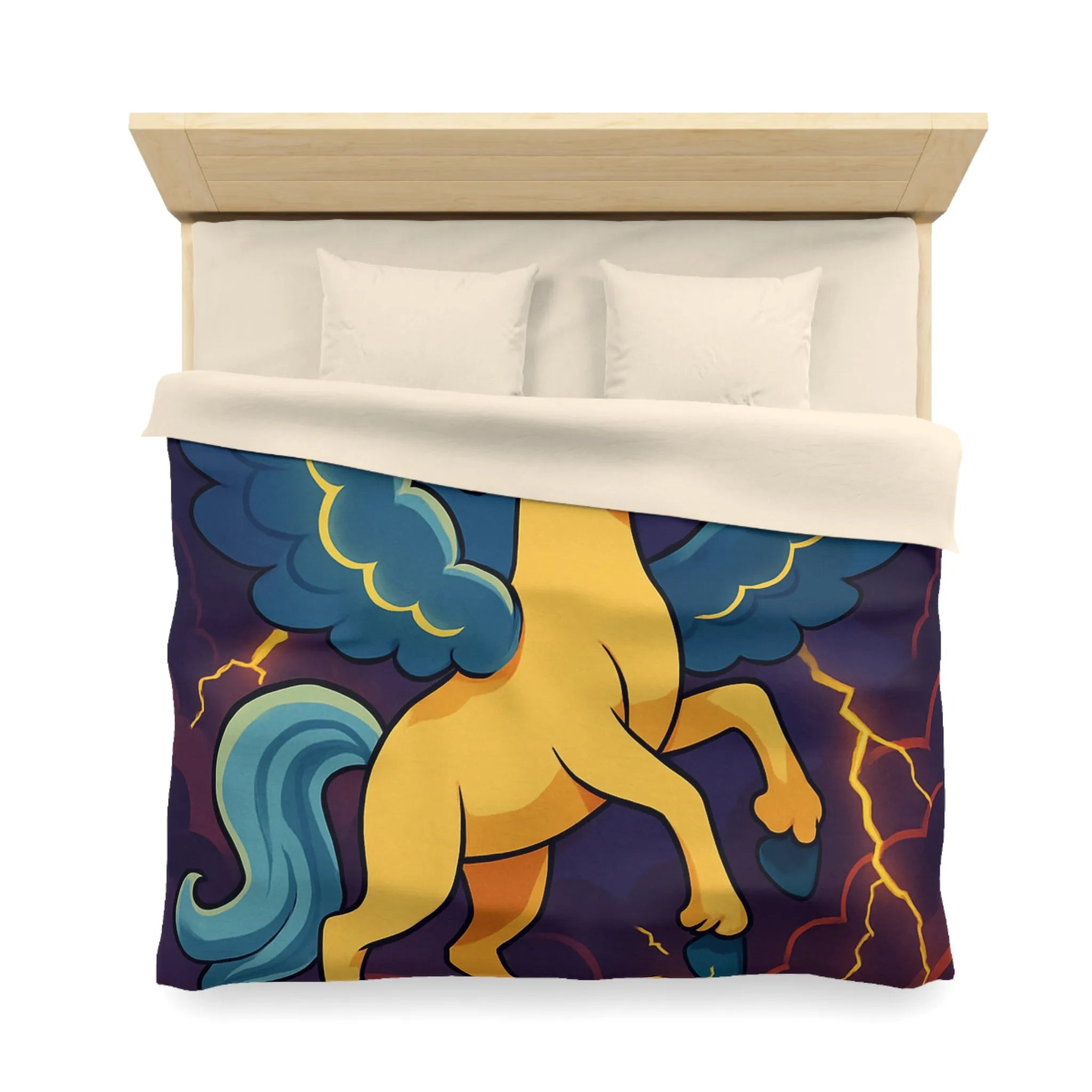 Housse de Couette Fantaisie Licorne Ailée avec Nuages Orageux et Éclairs Majestueux