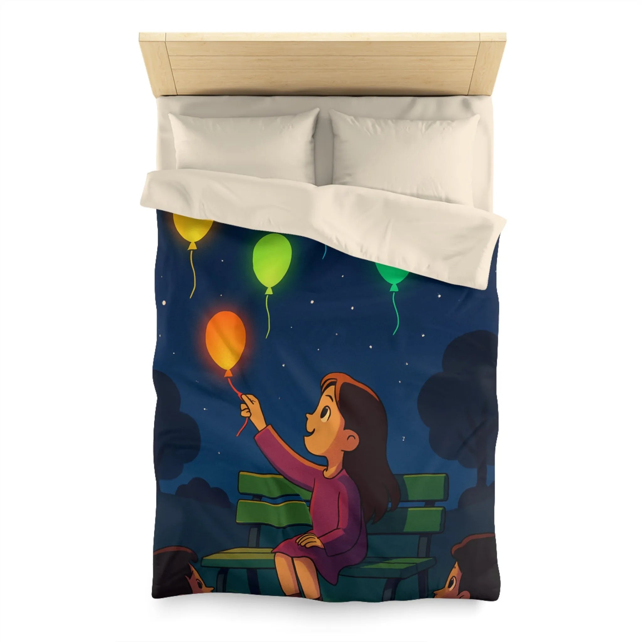 Housse de couette colorée avec ballons lumineux flottant dans un ciel étoilé magique