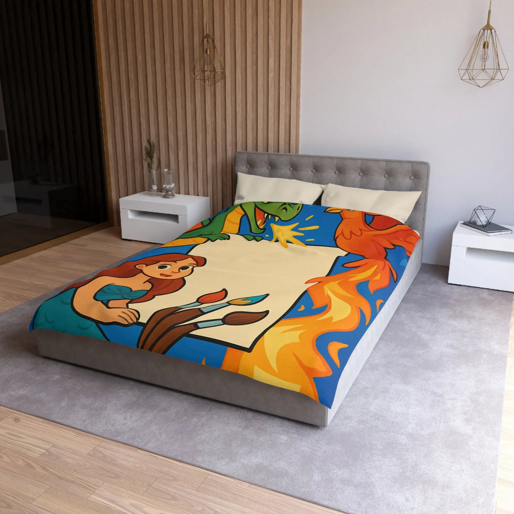 Housse de couette avec dragon, sirène et phénix pour chambre d'enfant artistique