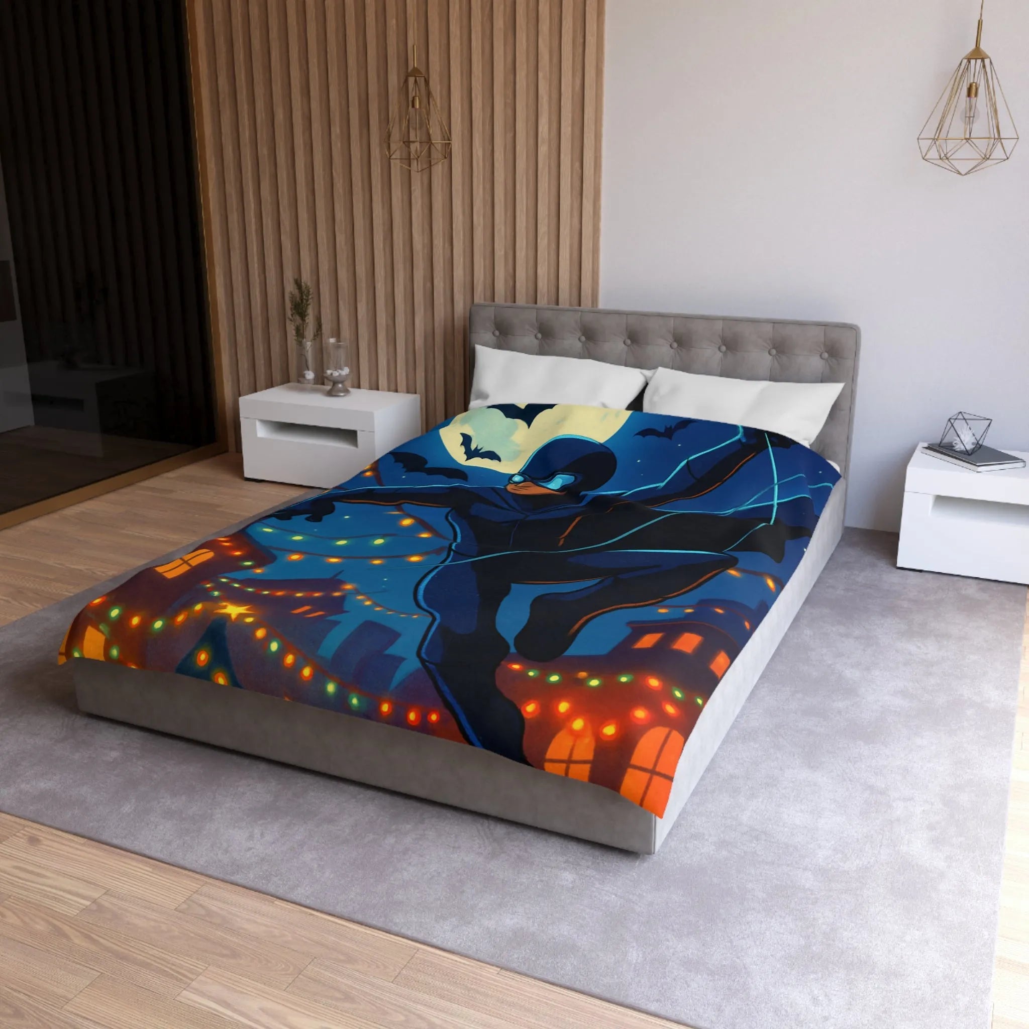 Housse de couette avec héros nocturne, ciel étoilé et décorations festives lumineuses