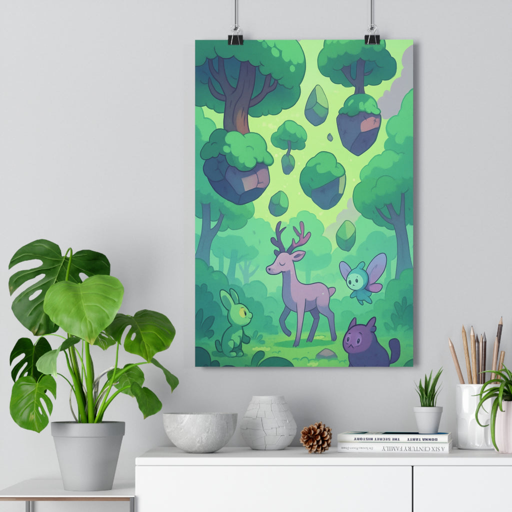 Poster décoratif fantaisie animaux forêt magique violet vert cartoon enfant mystérieux coloré ambiance artistique