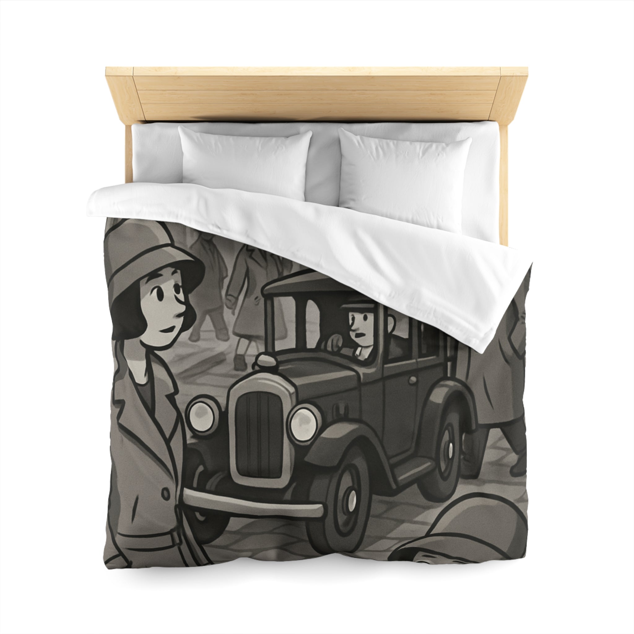 Housse de Couette Vintage avec Rue Animée et Voiture des Années 1930