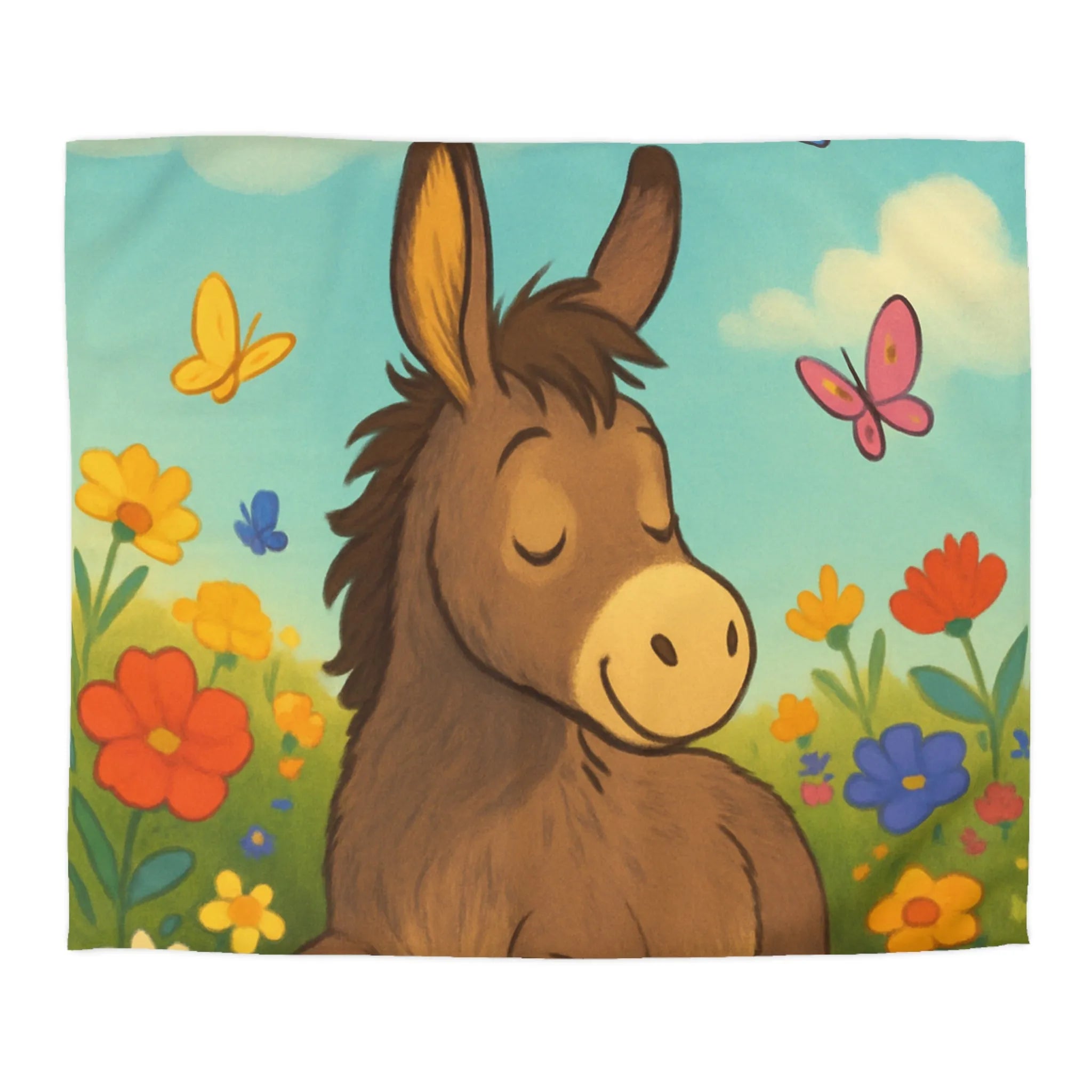 Housse de couette enfant Âne endormi, fleurs colorées et papillons dans un pré