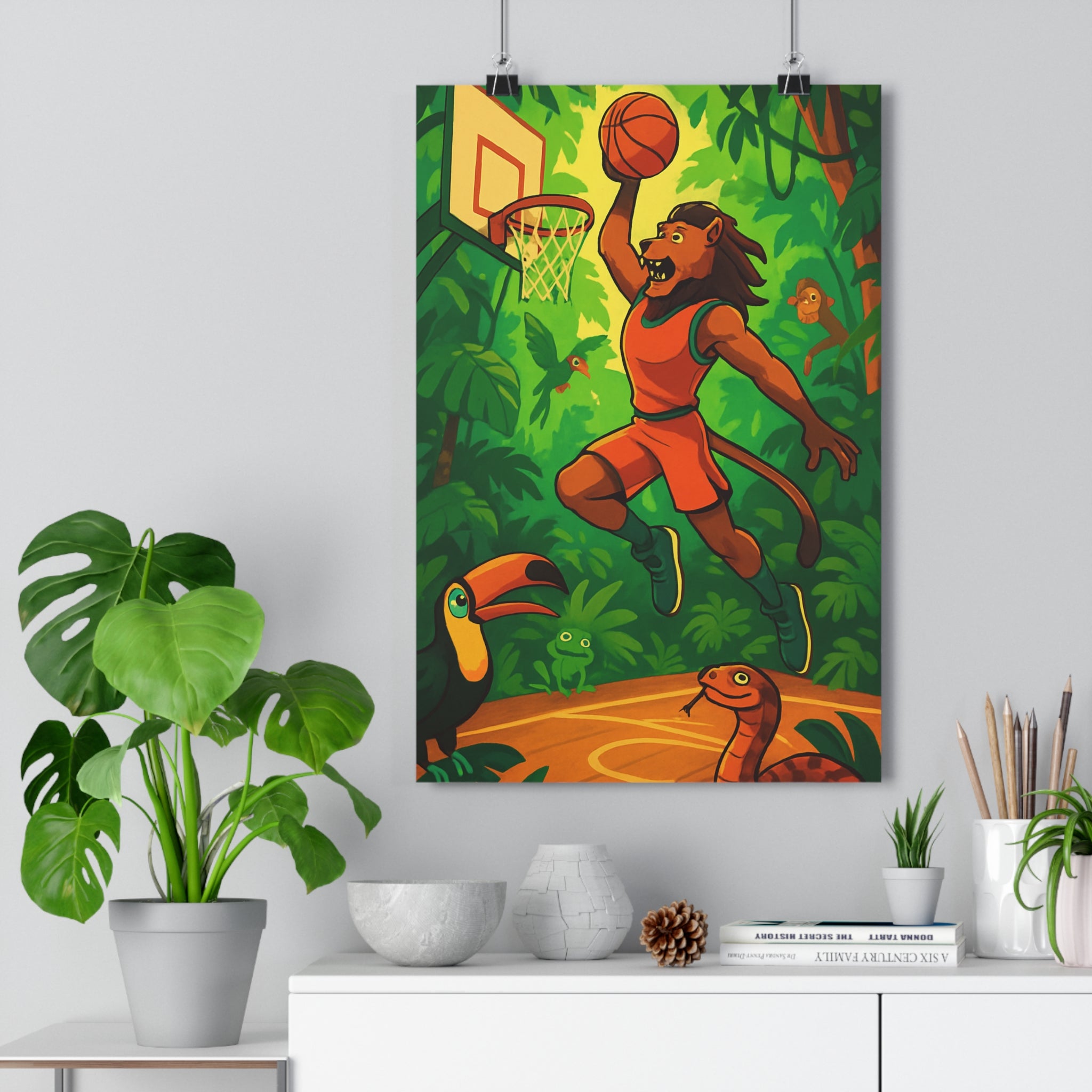 Poster décoratif cartoon jungle vert dynamique lion basketball exotique salon enfant vibrant sauvage qualité