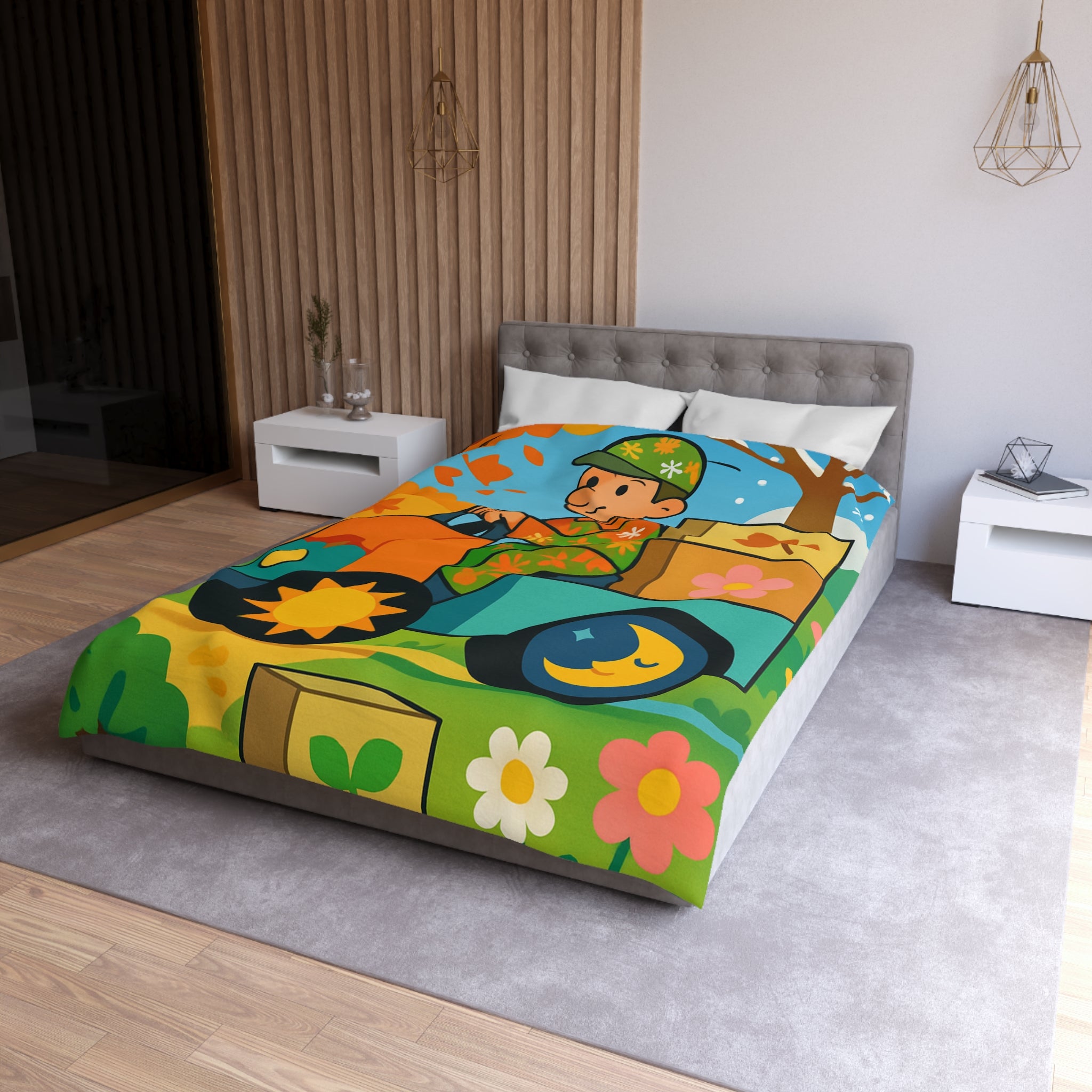 Housse de Couette Paisible Illustrant un Paysage Automnal avec Motifs Floraux et Naturels