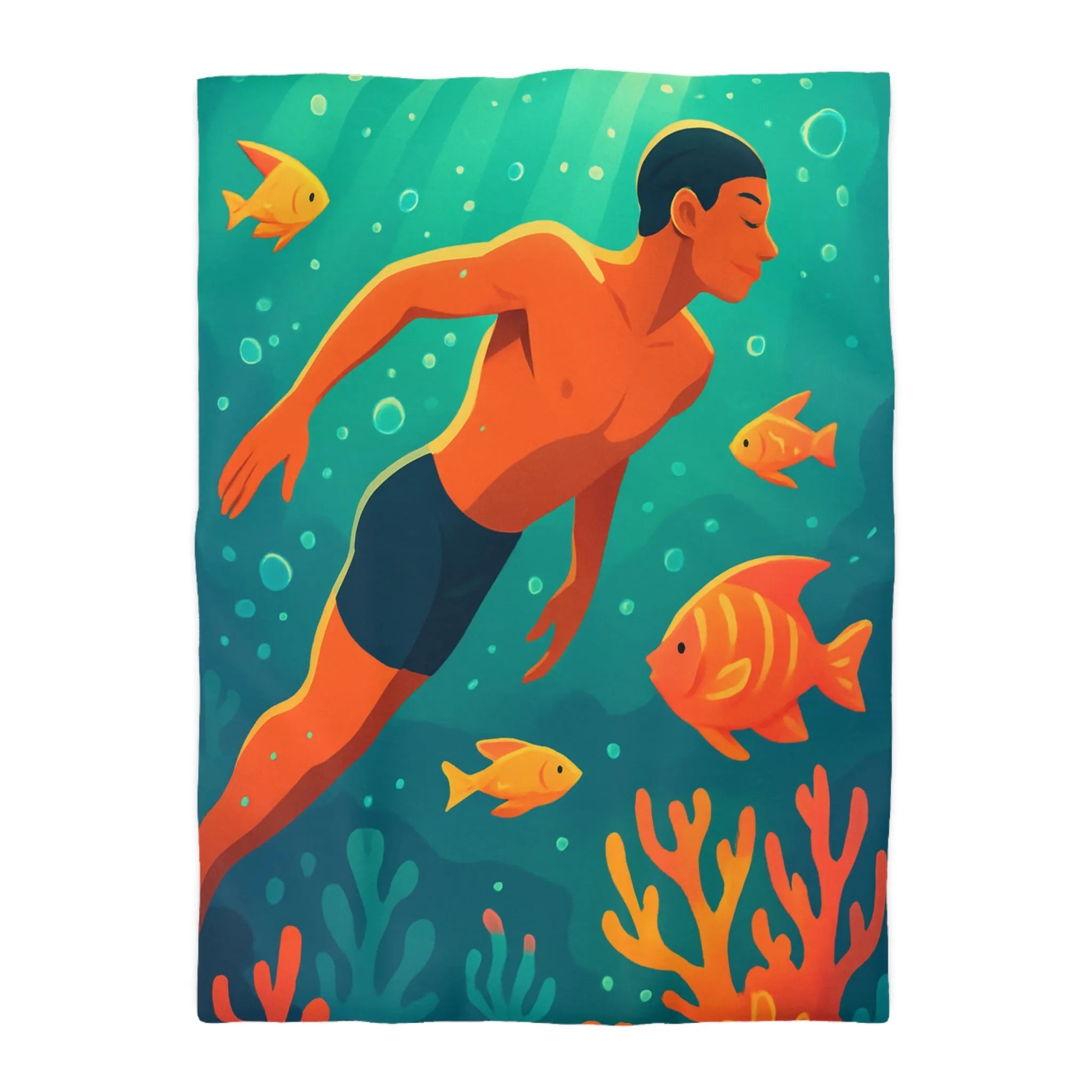 Housse de couette avec motif nageur et poissons tropicaux vifs pour chambre apaisante