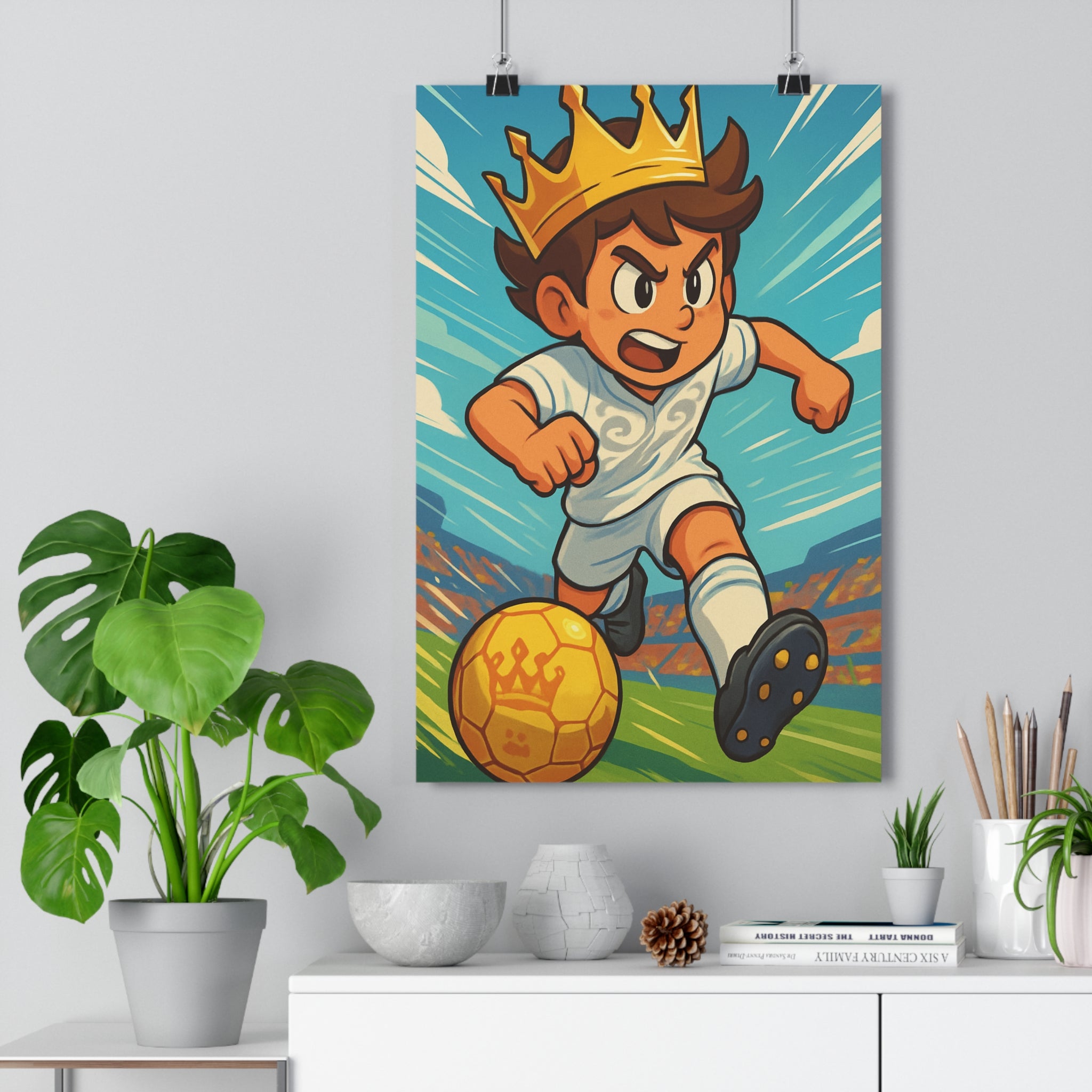 Poster décoratif football cartoon joyeux jaune blanc bleu vert chambre enfant sportif dynamique énergique