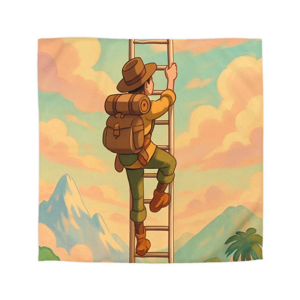 Housse de couette avec aventurier grimpant échelle vers ciel pastel et montagnes lointaines