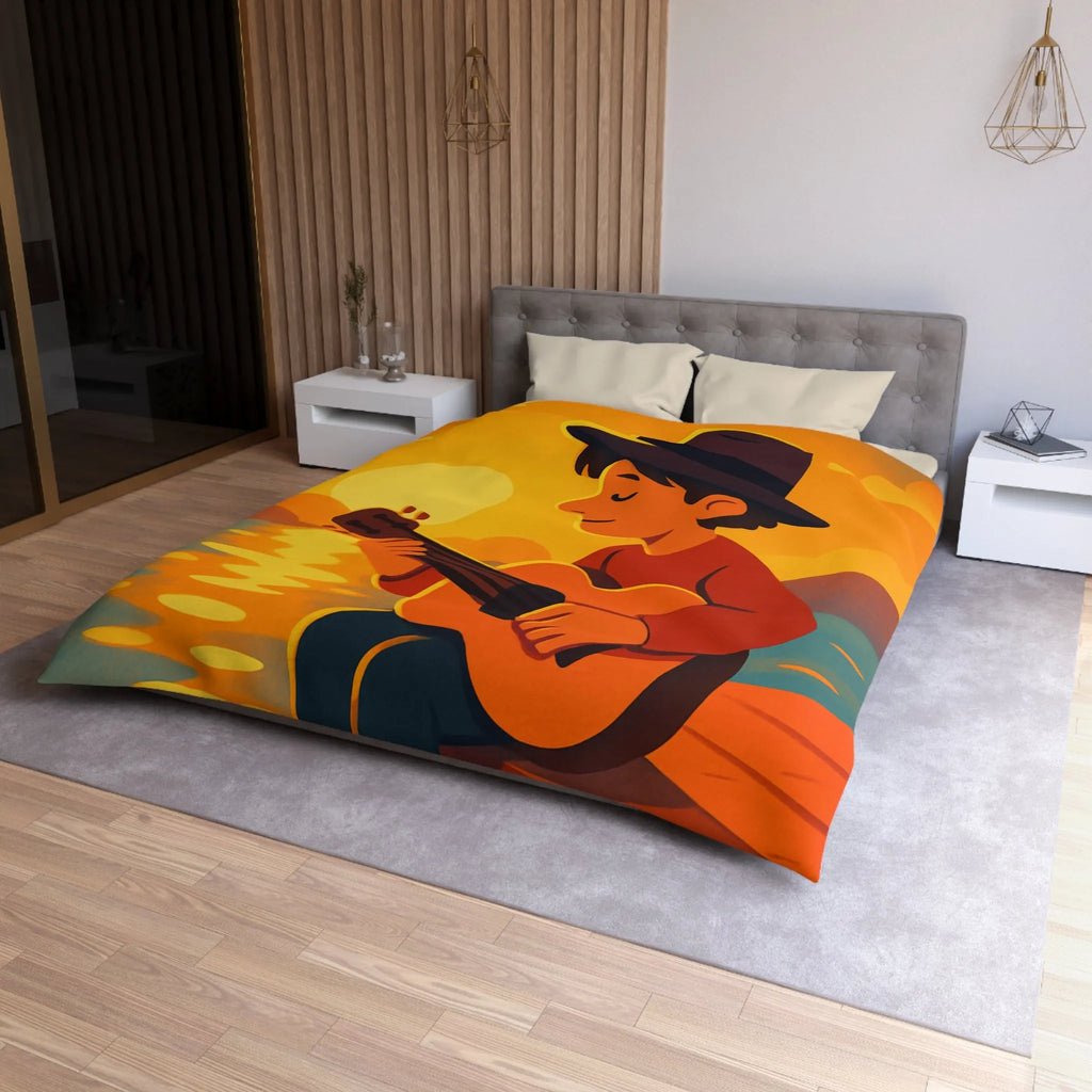 Housse de couette avec illustration relaxante d'un coucher de soleil et musicien