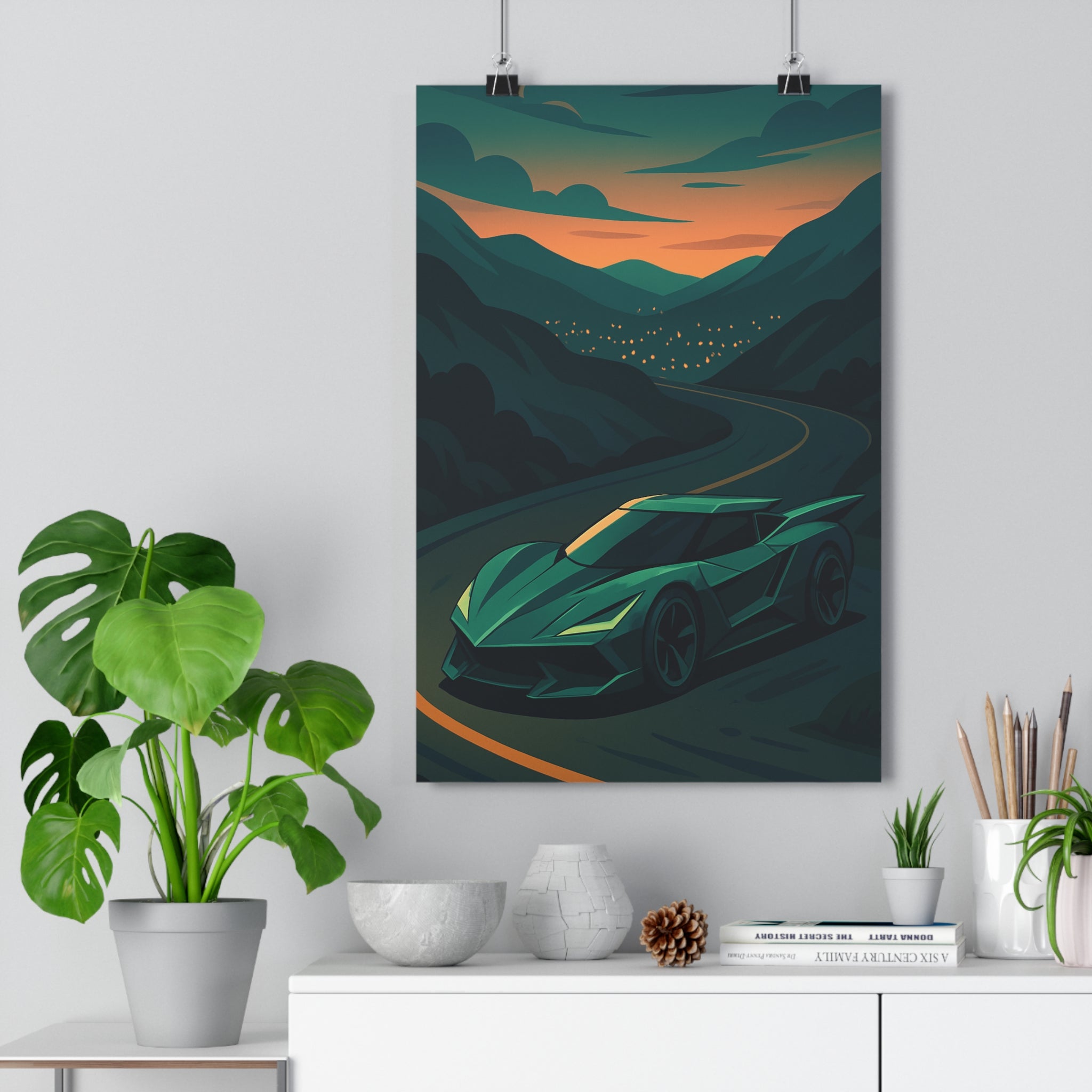 Poster décoratif supercar dynamique vert orange cartoon moderne aventure chambre salon bureau créatif 30x46