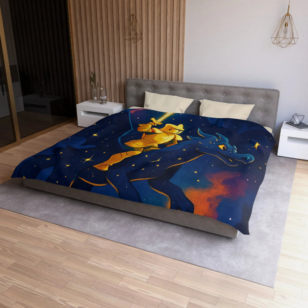 Housse de couette avec chevalier et dragon volant sous étoiles et château magique