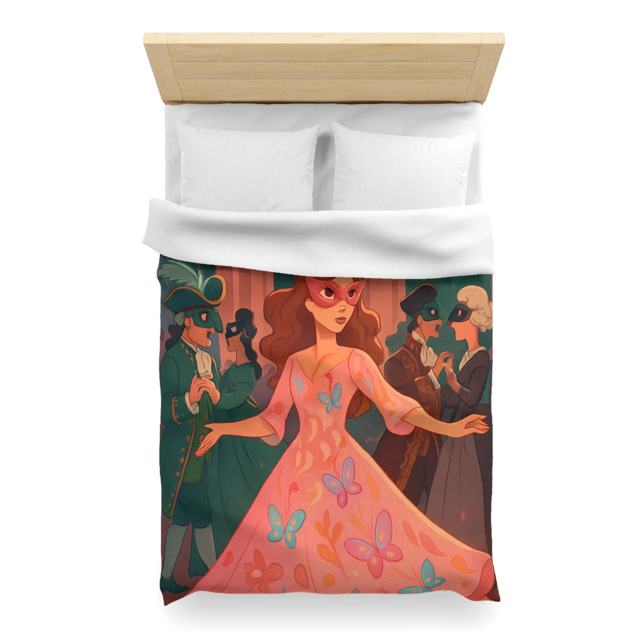 Housse de Couette Élégante avec Femmes Masquées et Papillons dans Bal Éthéré
