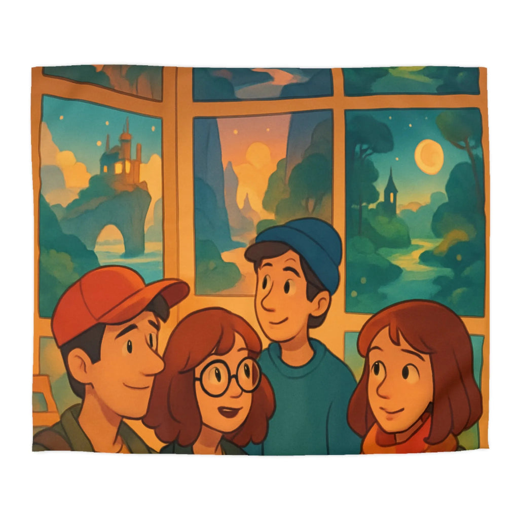 Housse de couette colorée avec paysages enchanteurs et personnages stylisés en exposition artistique