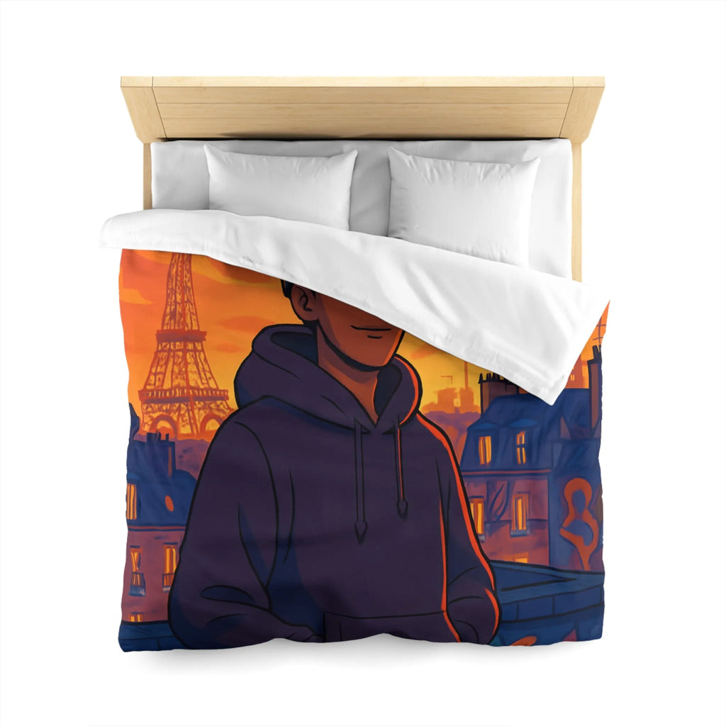 Housse de couette colorée avec ville, tour emblématique et vol de pigeons au crépuscule
