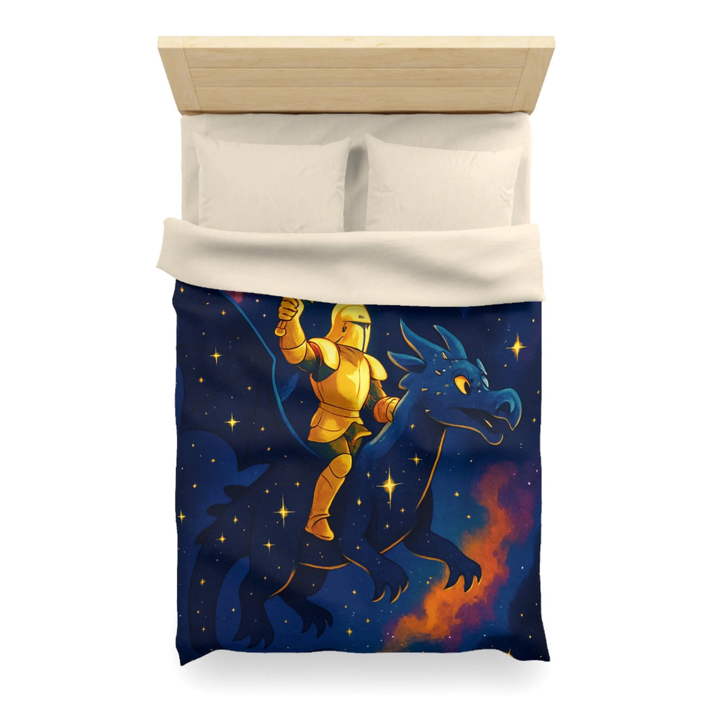 Housse de couette avec chevalier et dragon volant sous étoiles et château magique