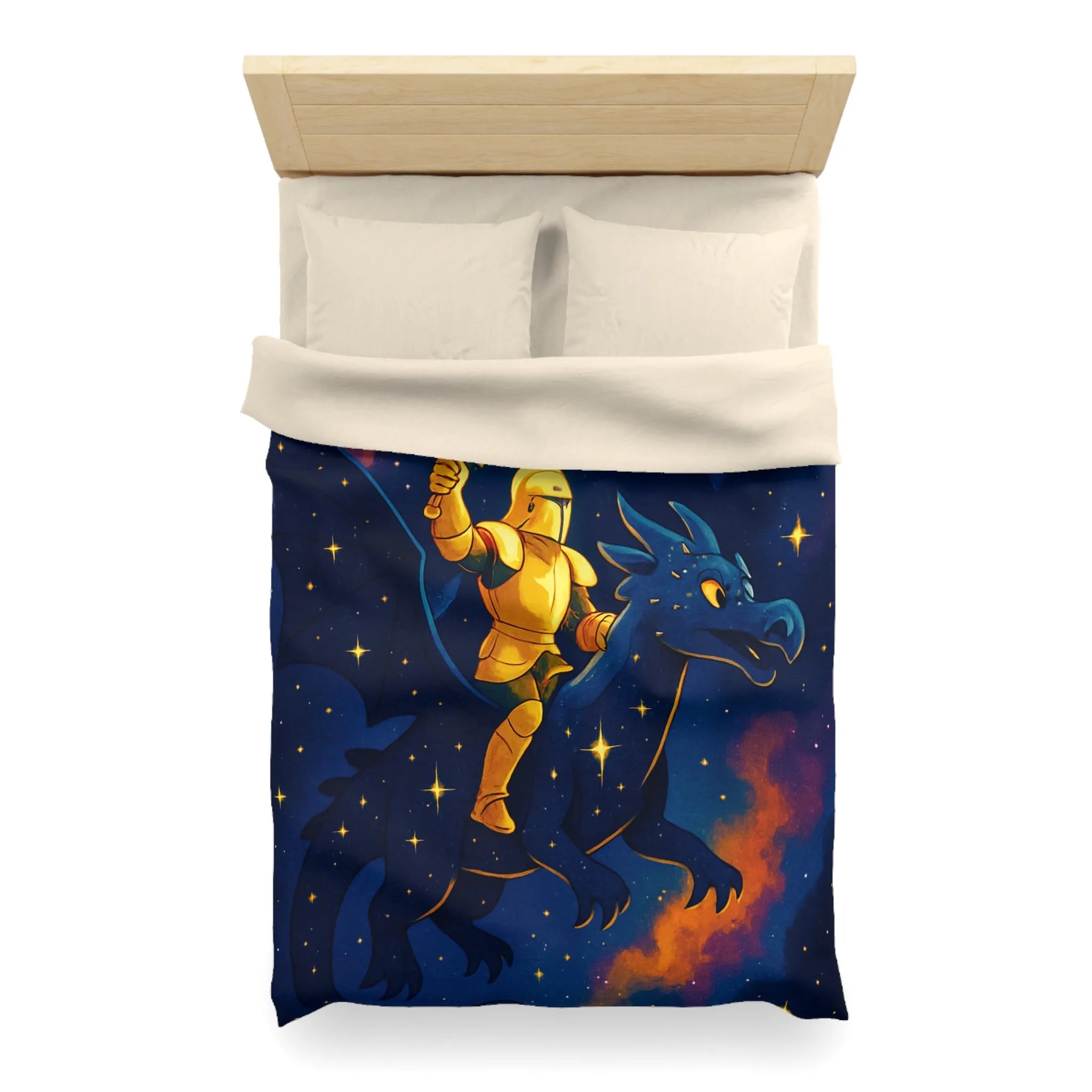 Housse de couette avec chevalier et dragon volant sous étoiles et château magique