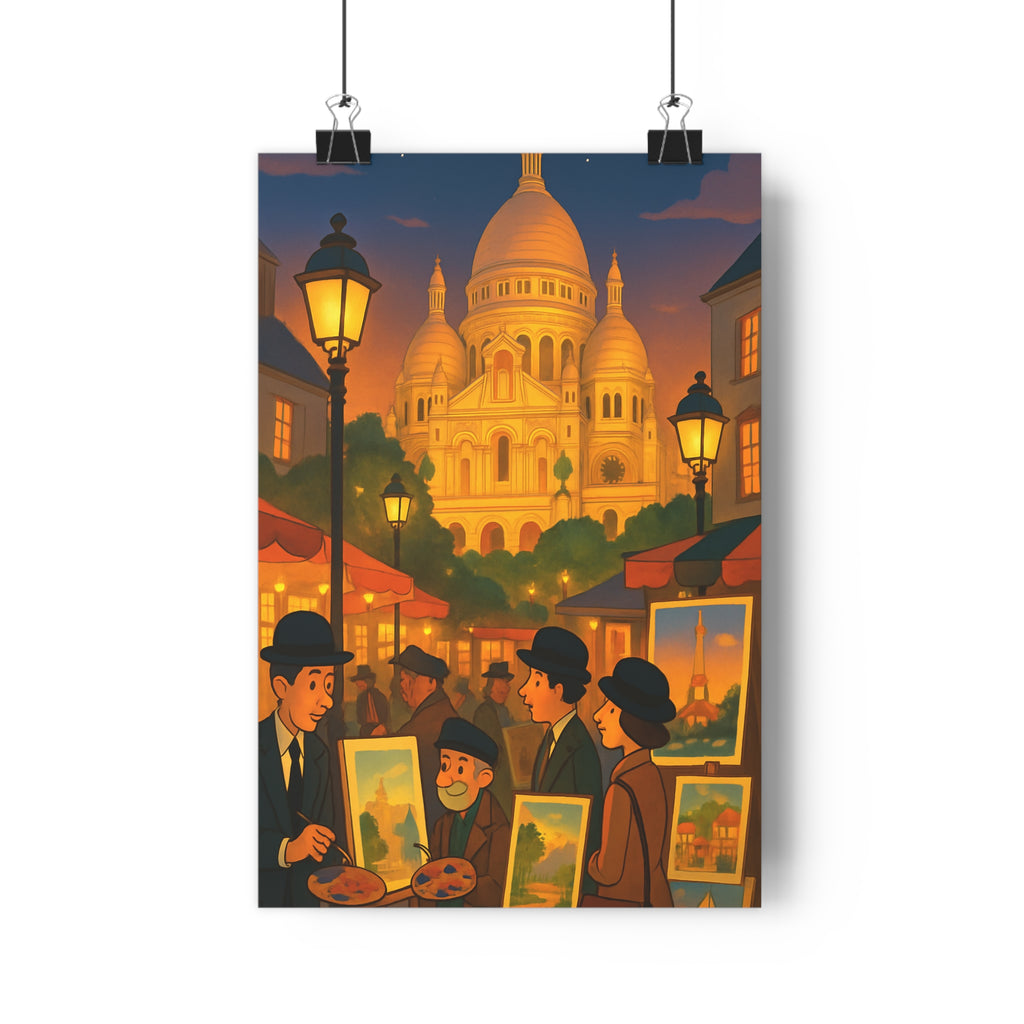 Poster décoratif cartoon nostalgique chaleureux salon bureau artistes Montmartre peinture illuminé couleurs scène ambiance